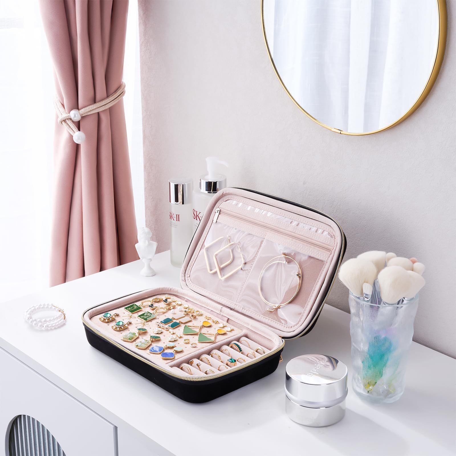 ProCase Large Travel Jewelry Organizer Case - Zippered Storage Book with Clear Pockets for Earrings, Necklaces, Bracelets - Perfect for Travel, Home Storage & Gift Presentation (Black, Non-Loose Leaf)
