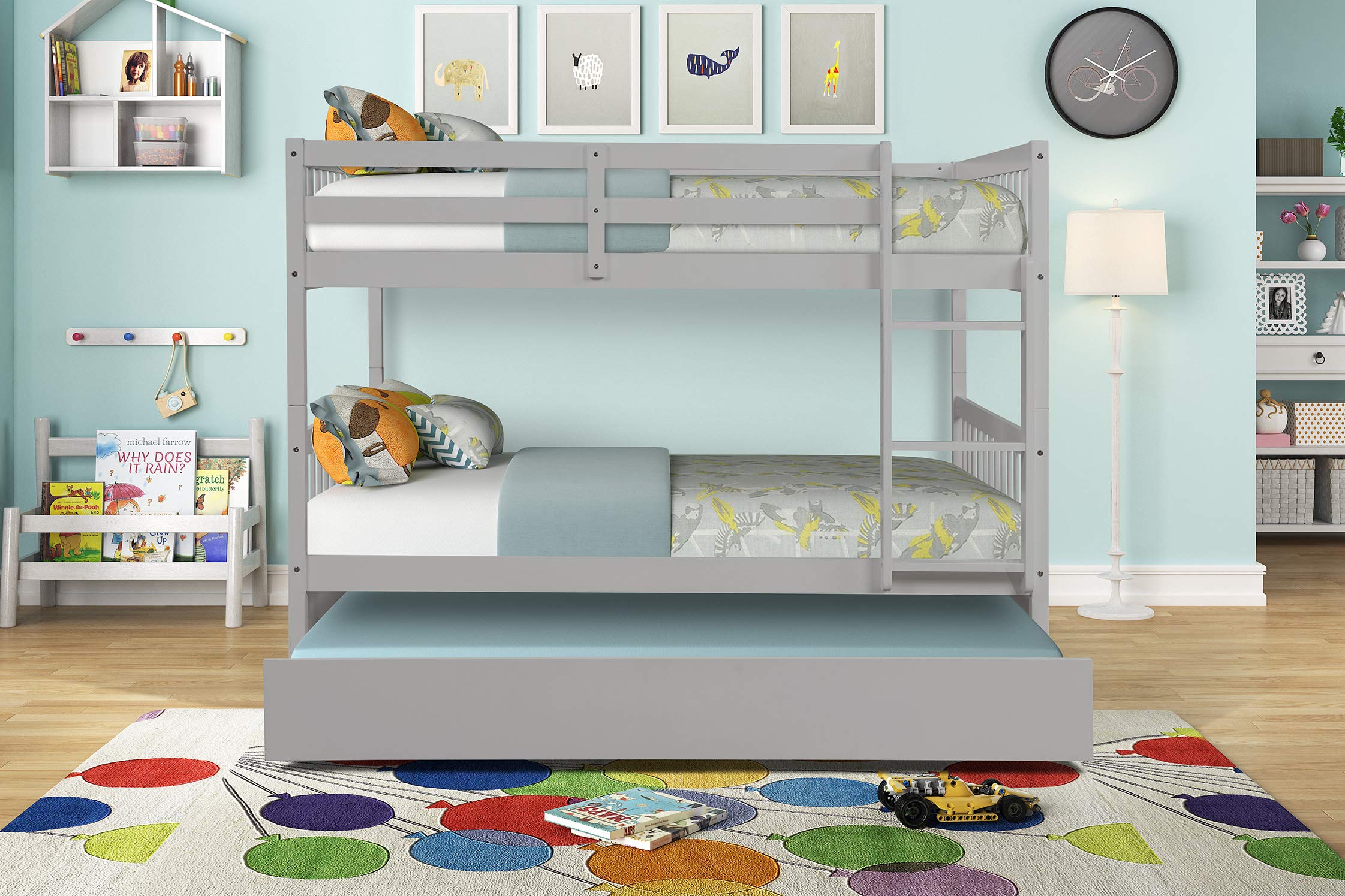 Full Over Full Bunk Bed with Trundle - Converts to 2 Full Size Platform Beds - Sturdy Ladder & Safety Rails for Teens & Adults - Modern Grey Finish - Perfect for Small Spaces, Guest Rooms & Dormitories