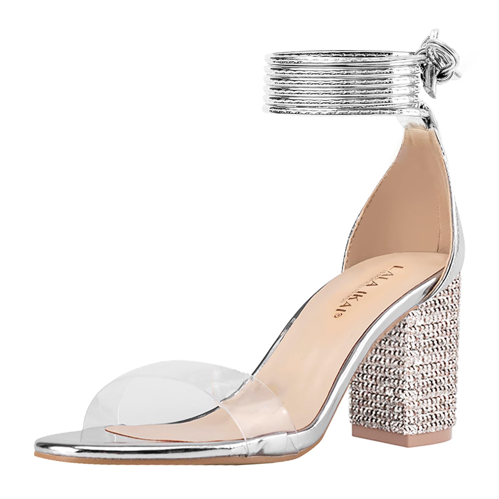 Women's Chunky High Heel Sandals - Comfortable Open Toe Strappy Rhinestone Heels in White, Silver, Gold & Black | Ankle Strap Dress Shoes for Parties, Weddings & Evening Events