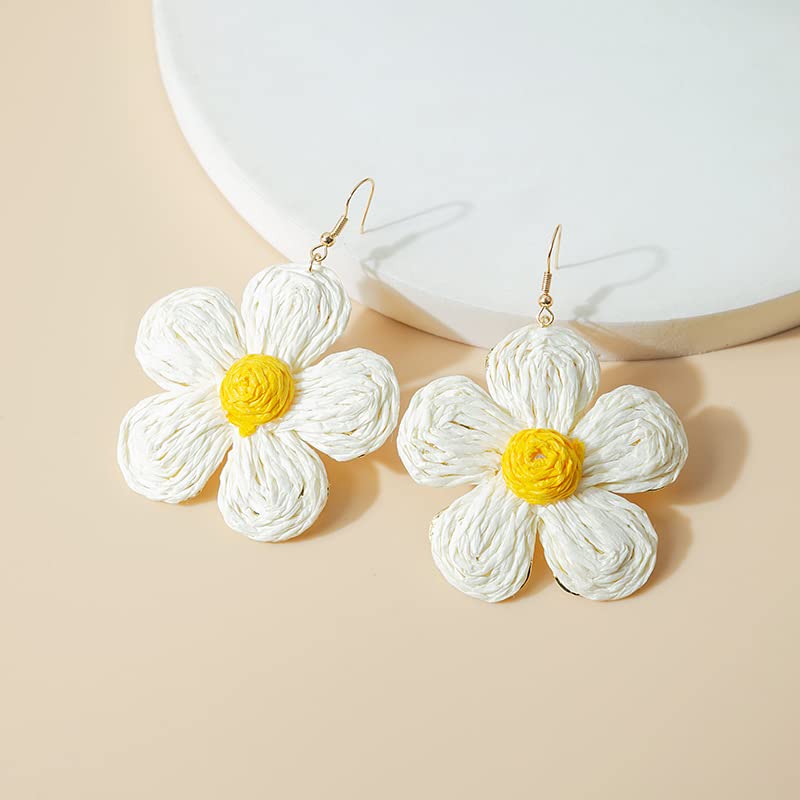 Handmade Bohemian Rattan Earrings - Exaggerated Retro Big Flower Dangle Earrings, Lightweight Straw Wicker Woven Jewelry for Women | Perfect for Summer Festivals, Beach Vacations & Boho Fashion
