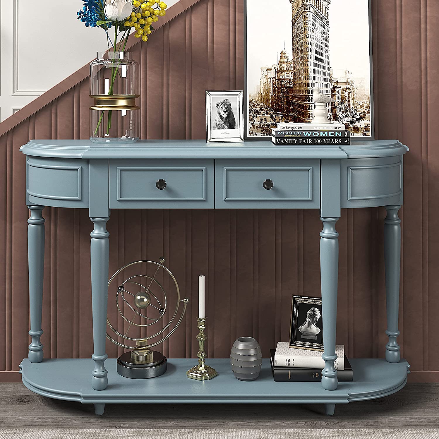 Vintage Round Curved Console Table - Solid Wood Sofa Table with 2 Drawers & Open Shelf | Entryway Table, Hallway Sideboard, Living Room Storage Cabinet | Perfect for Small Spaces, Apartments & Coastal Decor