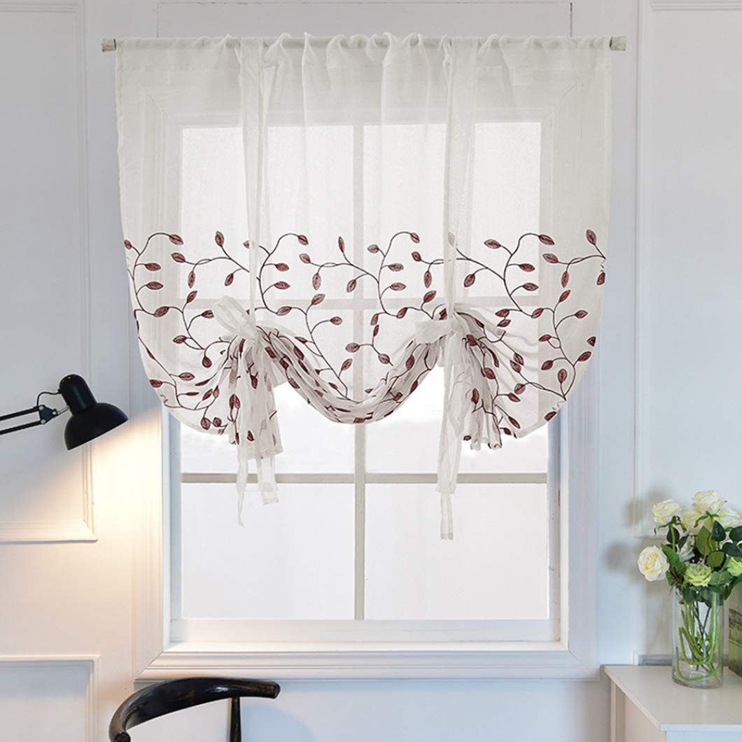 Exquisite Leaf Embroidered Balloon Shades - Rod Pocket Tie-Up Sheer Curtains for Living Room, Kitchen, Bedroom & Dining Room Window Decoration