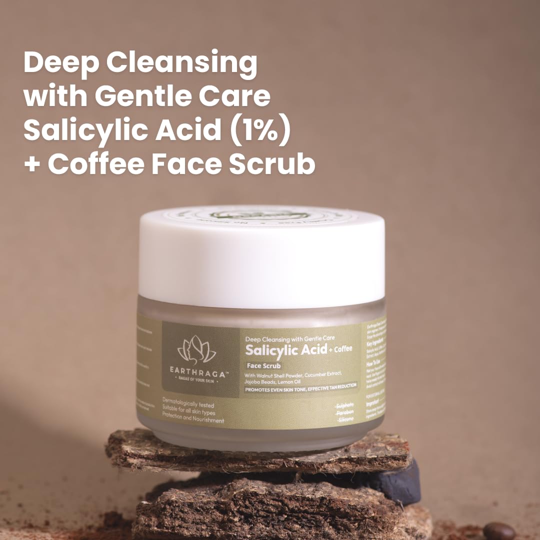 Earthraga Deep Cleansing Salicylic Acid (1%) & Coffee Face Scrub - Gentle Exfoliator for Acne & Pimple Control with Cocoa Butter, Walnut, Cucumber Extracts & Jojoba Beads (100ml) - Perfect for Oily & Combination Skin Daily Skincare Routine