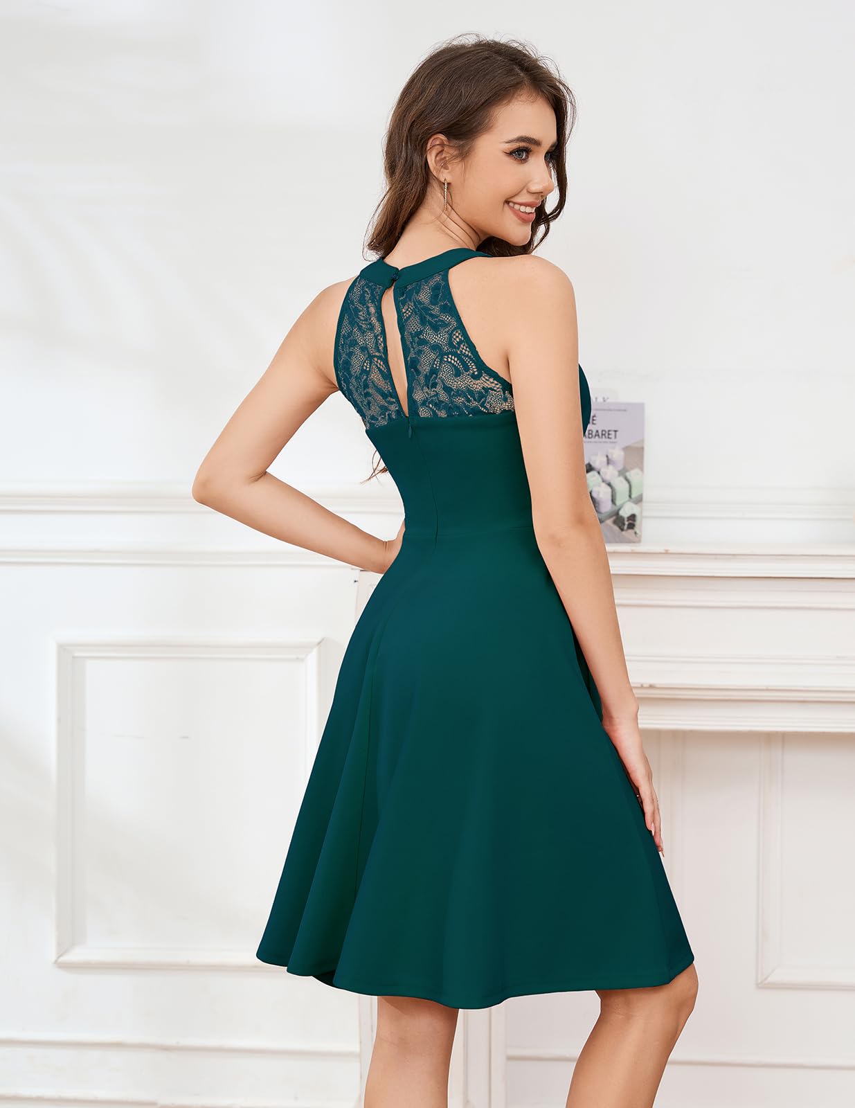 Elegant Women's Cocktail Dress Halter Lace Vintage Prom Wedding Party Short Dress - Perfect for Evening Events, Homecoming, and Special Occasions