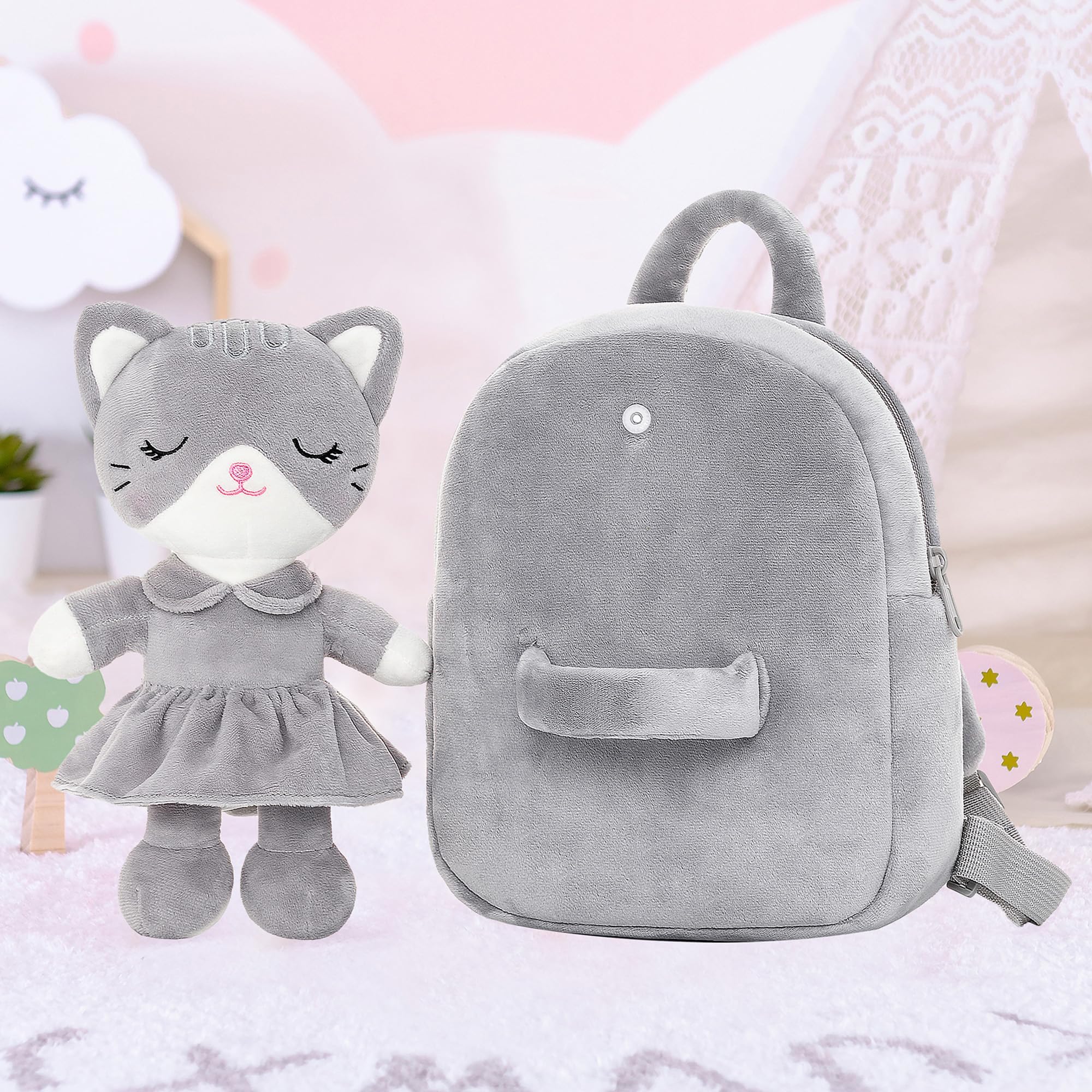 **Adorable Gray Cat Stuffed Animal Backpack for Toddlers & Kids - 9.5