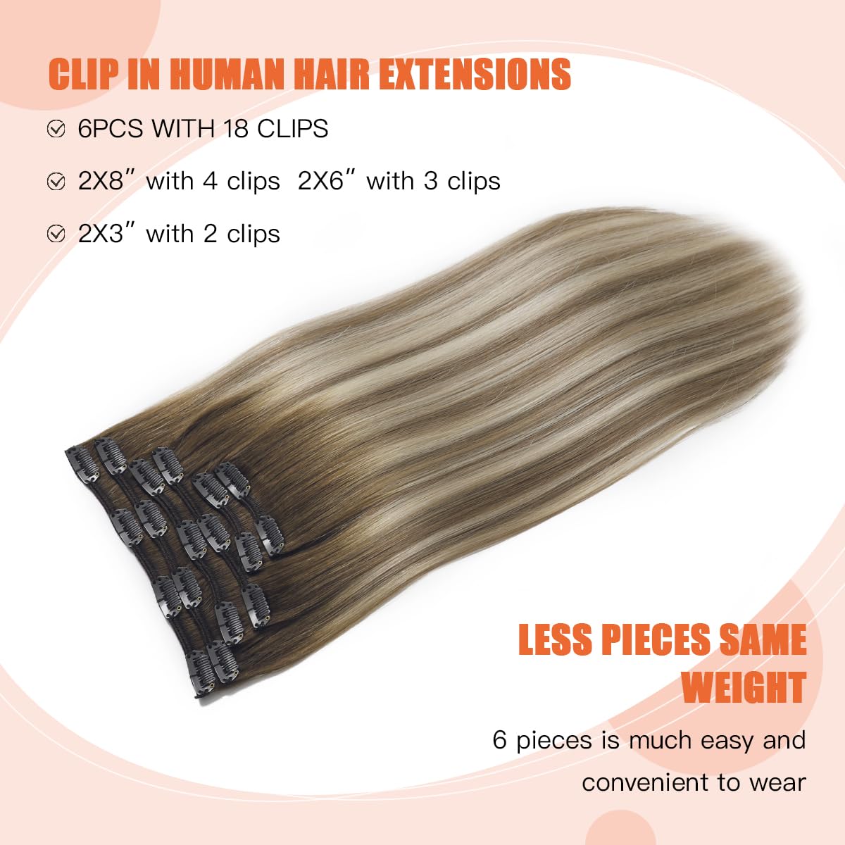 XDhair 100% Real Human Hair Clip-in Extensions - 16 Inch, 6pcs 100g, Balayage Ombre Walnut Brown to Ash Brown & Blonde - Seamless Hair Extensions for Women (16”, 3/8/22) - Perfect for Daily Wear, Parties & Special Occasions