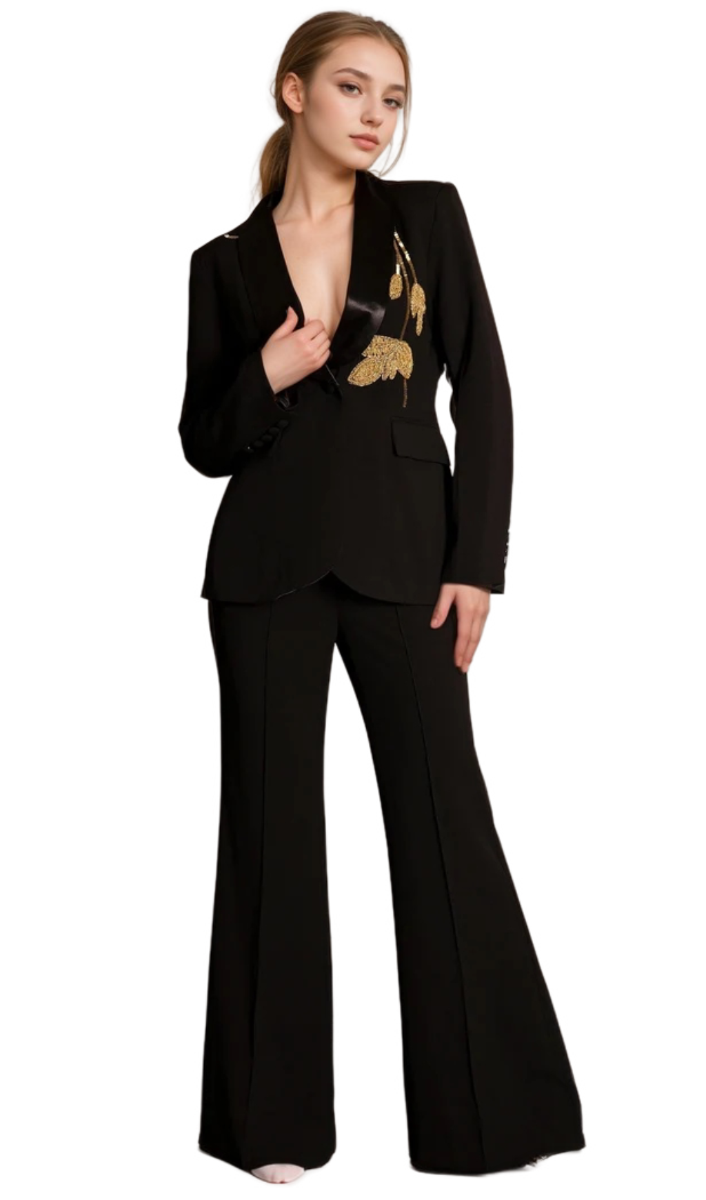 Angela Primatou Black Embroidered Flared Blazer Suit for Women - Elegant Office Wear & Evening Party Outfit