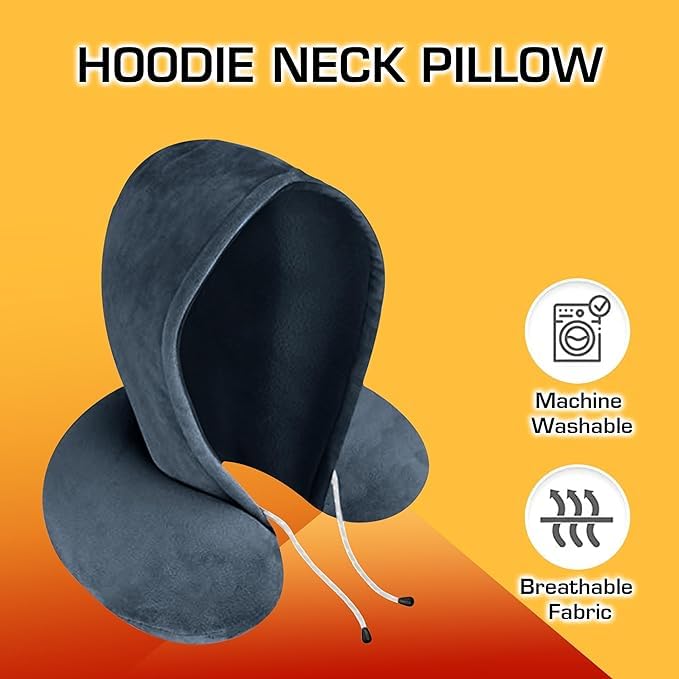BigPlayer Hooded Travel Neck Pillow - Ergonomic Memory Foam Cervical Support Pillow for Neck Pain Relief & Comfort - Perfect for Airplane, Car & Train Travel - Soft & Washable Cover - Ideal for Men & Women on Long Flights, Road Trips & Commuting