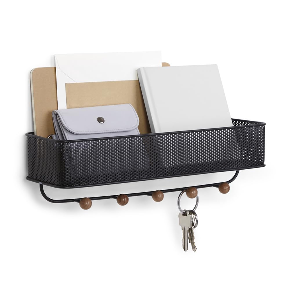 Umbra Estique Small Entryway Organizer - Wall Mounted Shelf with Hooks for Keys, Mail & Accessories | Perfect for Hallway, Foyer & Apartment Organization