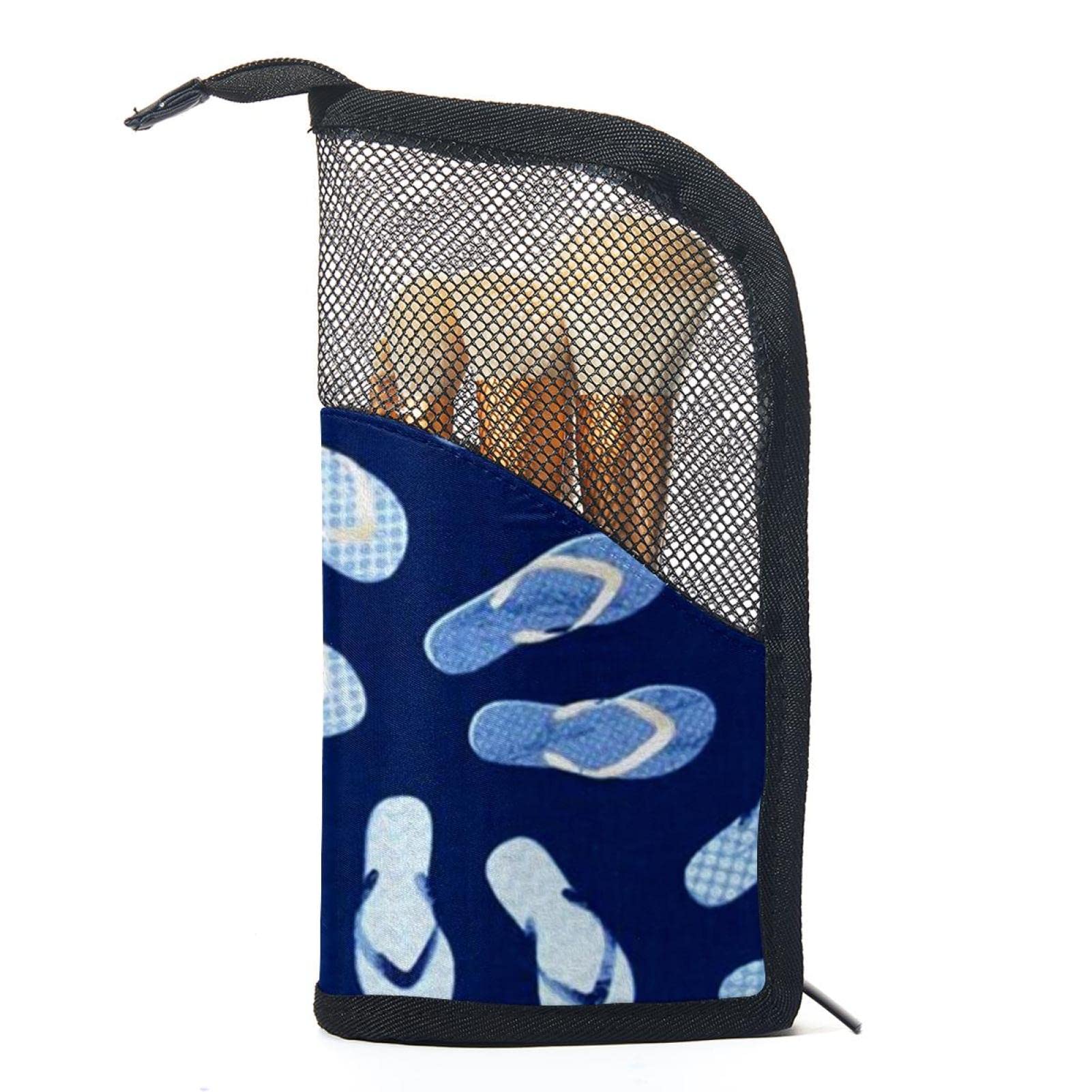 12-Piece Makeup Brush Organizer Bag with Portable Holder Case - Blue Background Slippers Design for Travel & Home Storage | Perfect Cosmetic Brush Set for Makeup Artists & Beauty Enthusiasts
