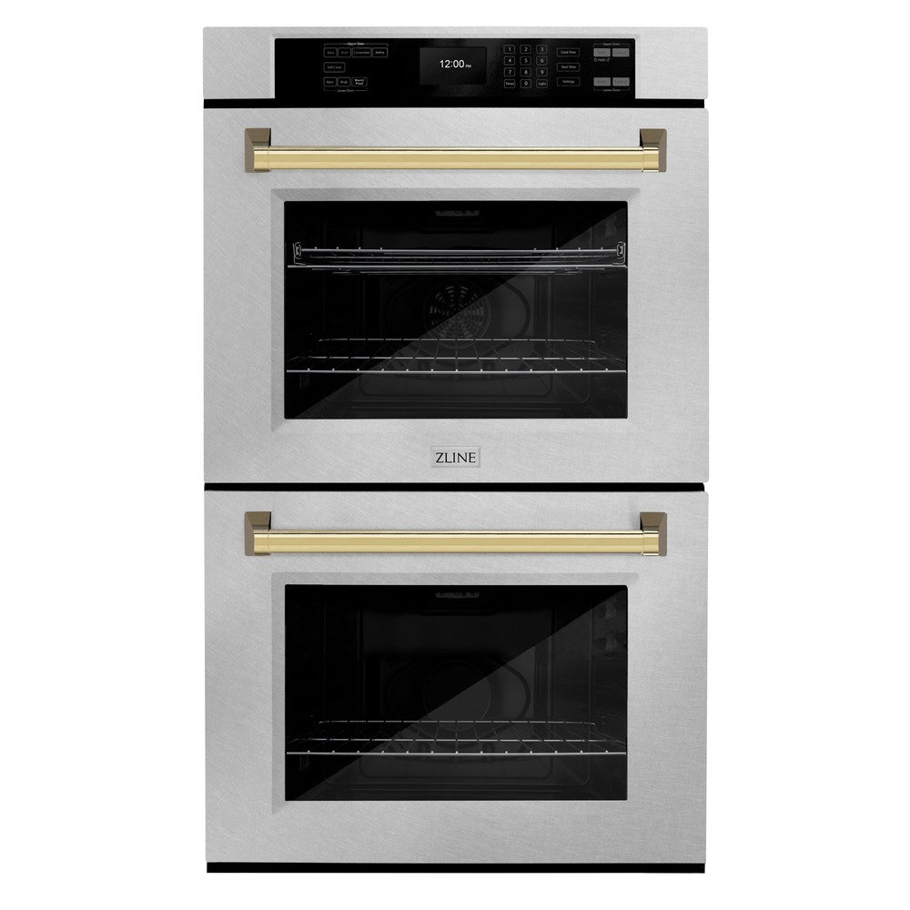 ZLINE Autograph Edition 30 Inch Stainless Steel Professional True Convection Double Wall Oven with Air Fry & Self-Clean - Polished Gold Handles (WADZ 30 G) - Perfect for Home Chefs & Modern Kitchens