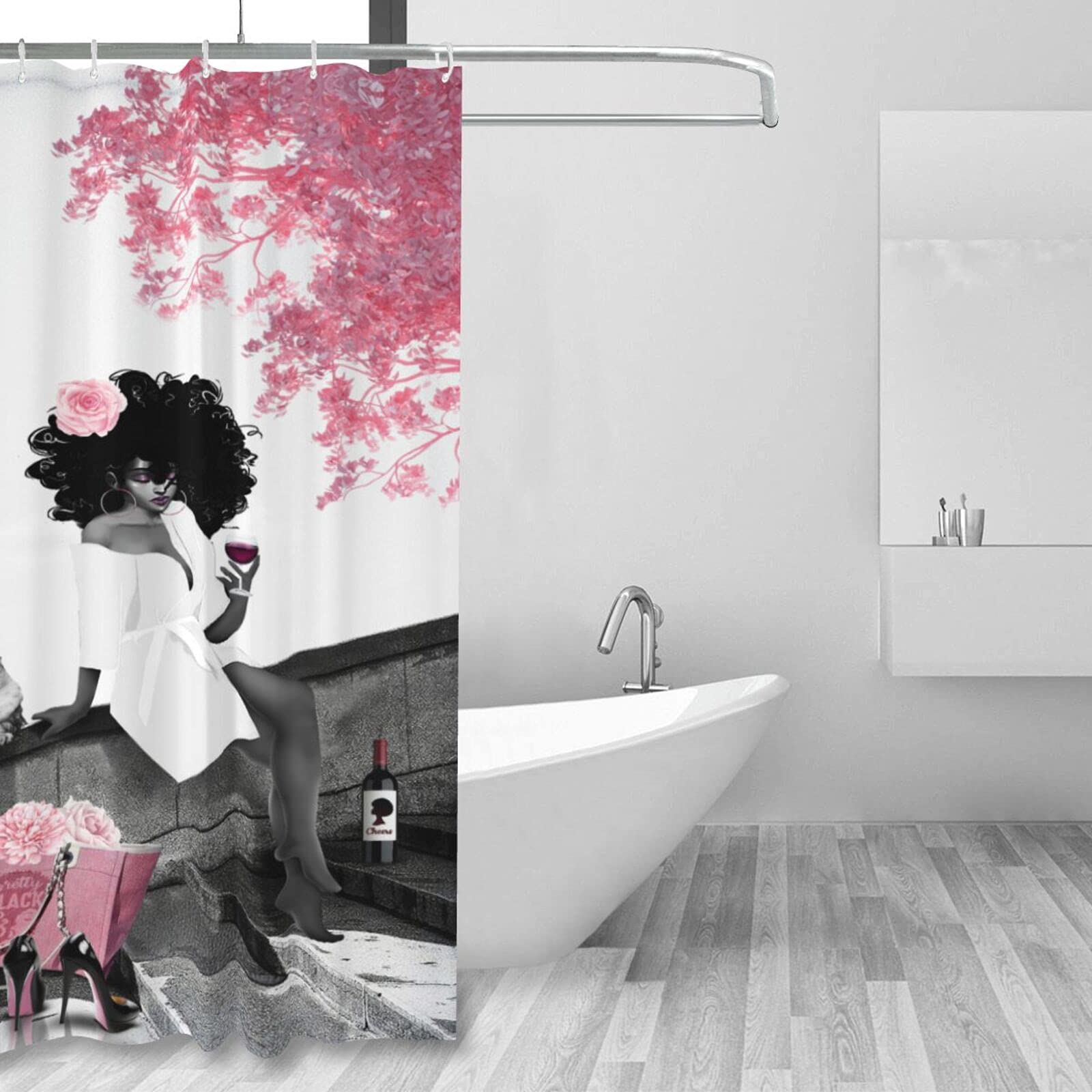 African American Shower Curtain - Stylish Black Woman & Eiffel Tower Design, Grey & Pink Waterproof Polyester Fabric Bath Curtain with Hooks, 66x72 Inches - Perfect for Modern Bathroom Decor & African American Home Aesthetics