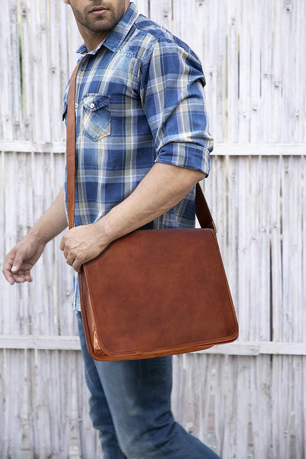 Premium Genuine Leather Messenger Bag for Men & Women - Crossbody Laptop Satchel Fits 14 Inch Notebook - Perfect for Work, Travel & Daily Commute