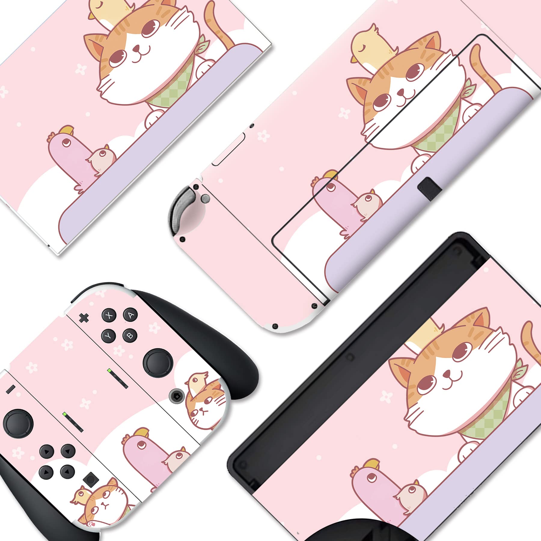 PlayVital Full Set Protective Skins for Nintendo Switch OLED Model - Custom Vinyl Decal Stickers for Switch OLED Console, Joycon, Dock & Grip - Kitten & Chicken Design - Perfect for Gaming Protection & Personalization at Home or Travel