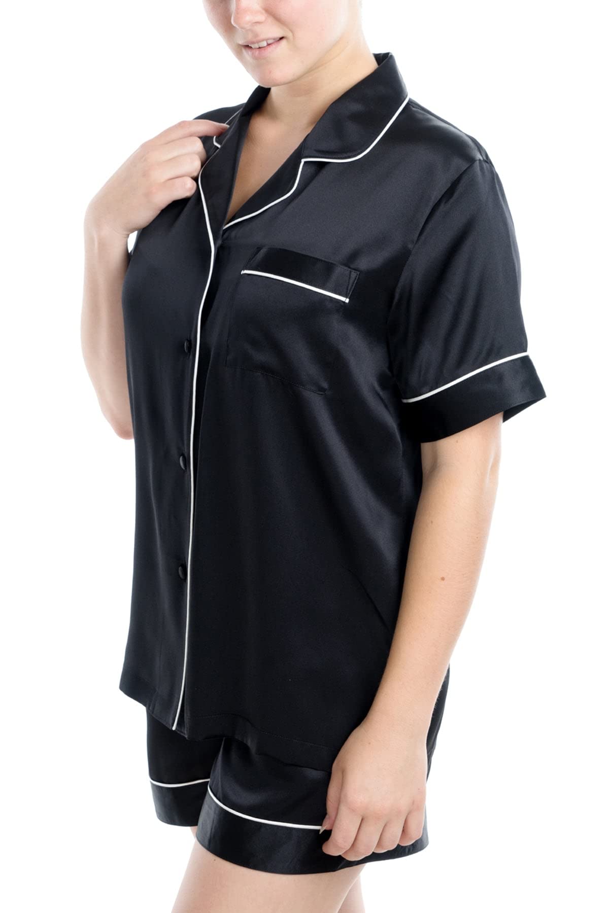 OSCAR ROSSA Women's 100% Silk Pajama Set - Luxury Short Sleeve Top & Boxer Shorts Sleepwear for Comfortable Nights & Relaxing at Home
