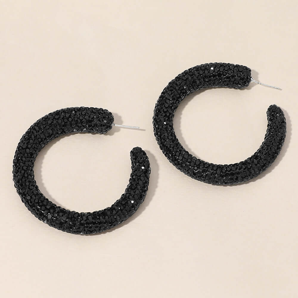 Sterling Silver Post Black Rhinestone Studded Hoop Earrings for Women - Elegant Dangle Hoops for Party, Wedding & Everyday Wear