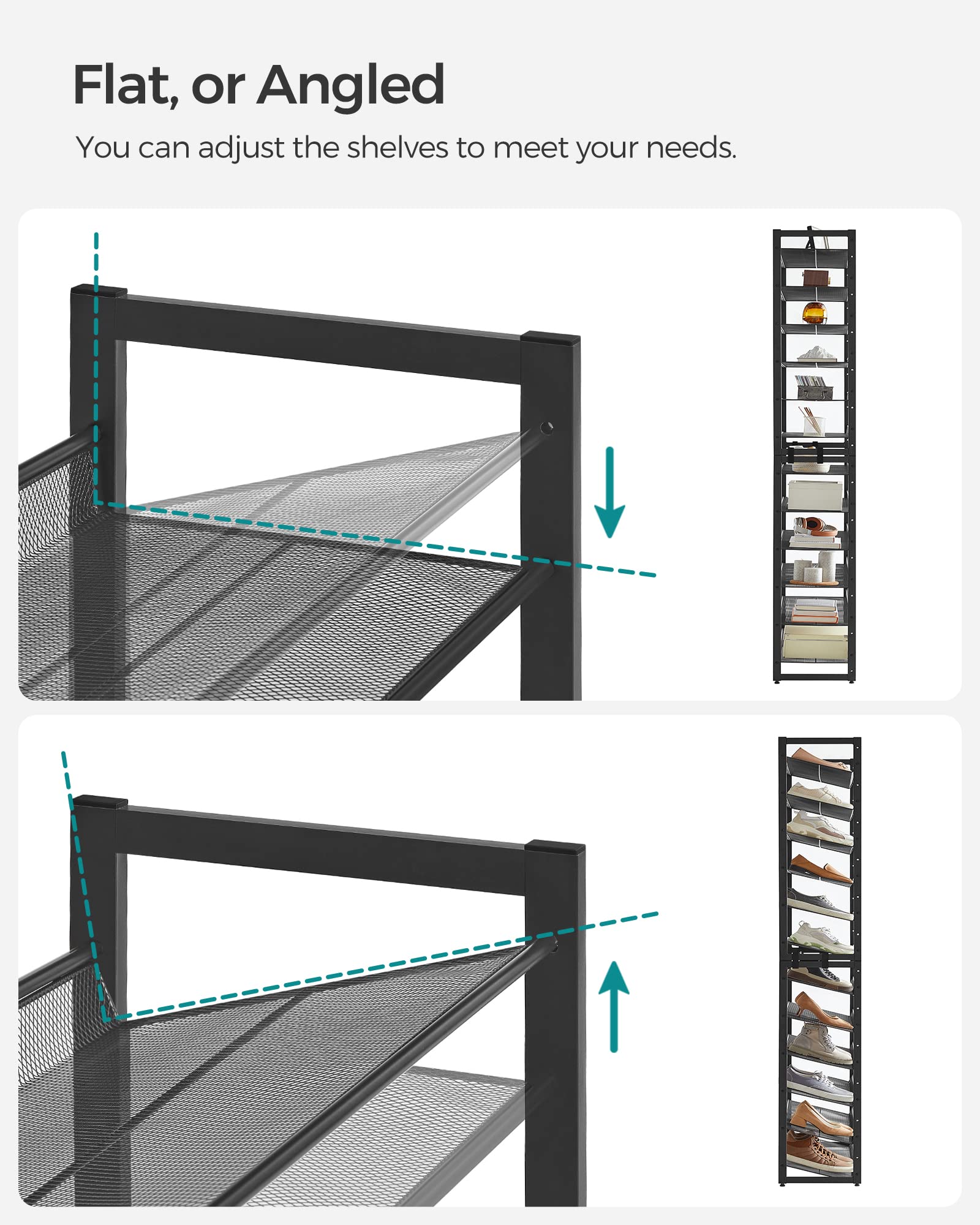 SONGMICS 12-Tier Metal Shoe Rack Organizer - Stackable Shoe Storage Shelf for Entryway, Garage & Closet - Adjustable Flat/Angled Shelves Holds 48-60 Pairs (Set of 2, Black ULMR12B) - Perfect for Small Spaces & Shoe Collection Organization