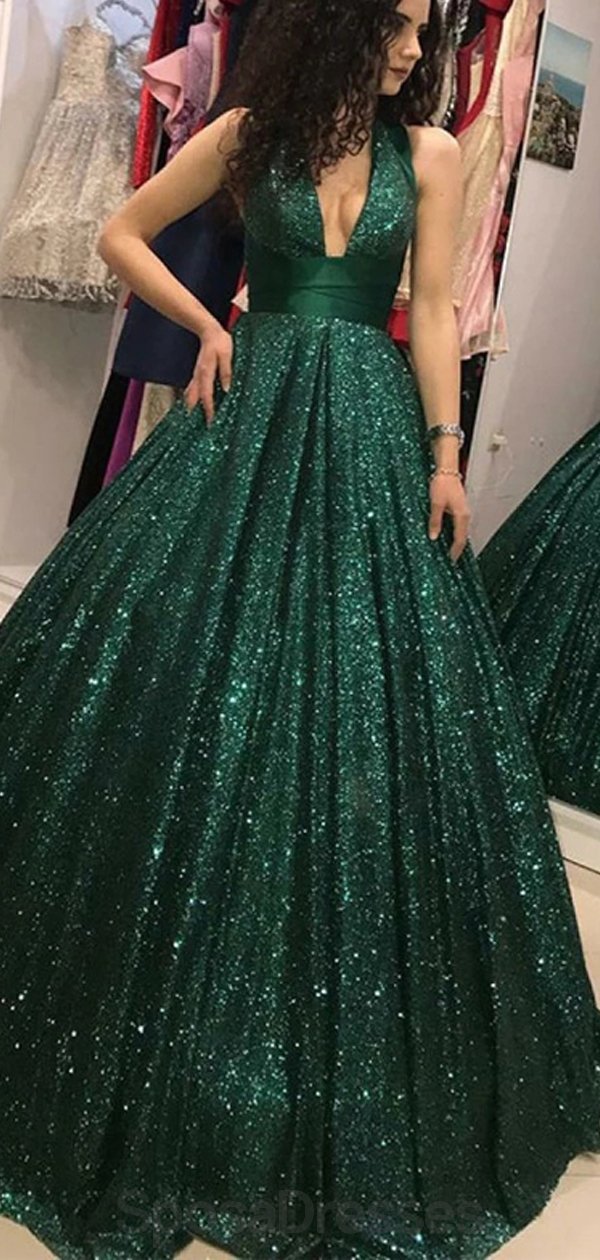 Emerald Green V-Neck Sparkly Ball Gown Prom Dress for Evening Party | Elegant Formal Gown for Homecoming, Wedding, Quinceañera & Special Occasions