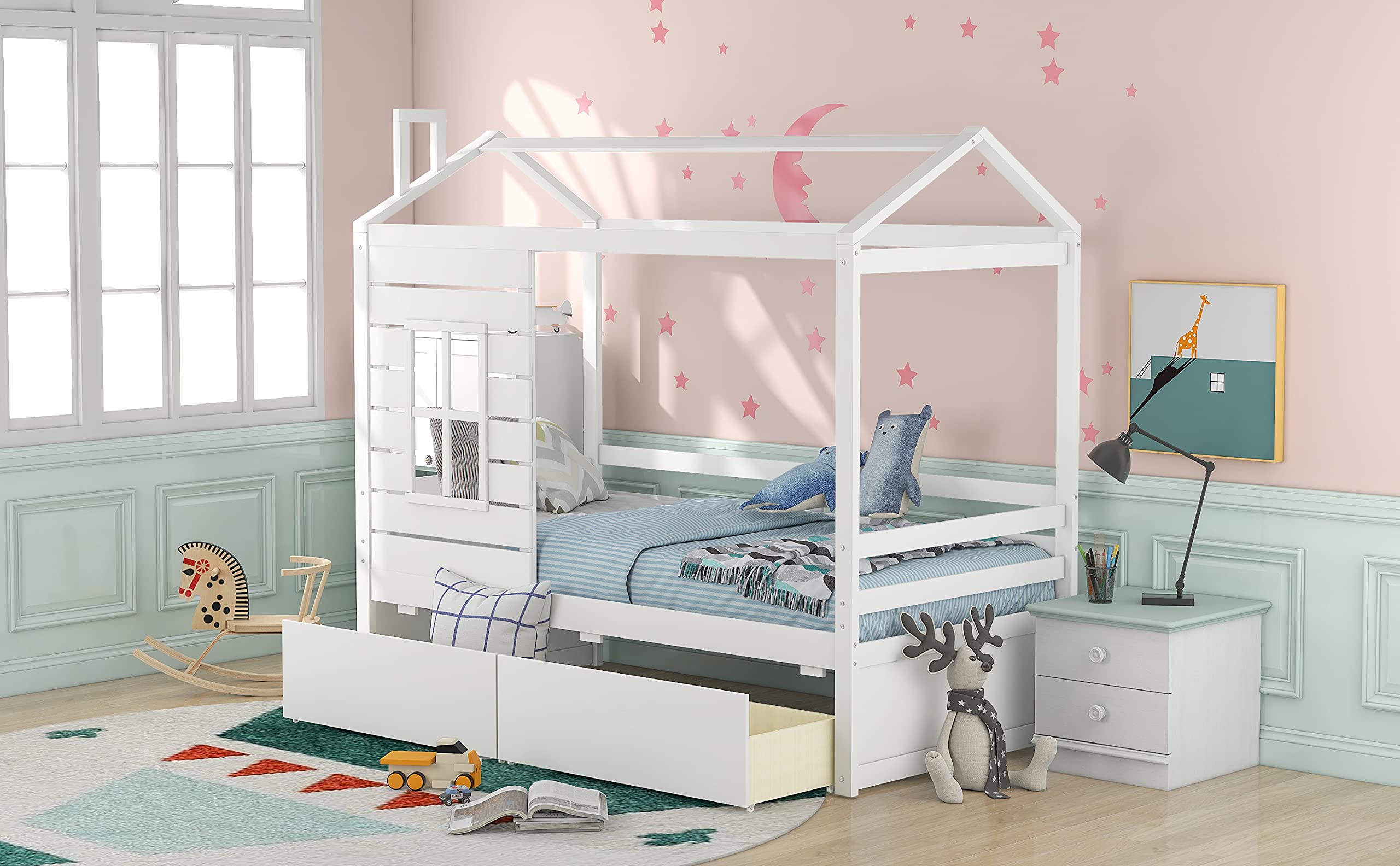 Wooden House Bed Frame with Roof, Window & Guardrail - Twin Size Kids Bed with 2 Storage Drawers - Perfect for Boys, Girls, Teens & Children's Bedroom Decor - Playful Sleep Space for Imaginative Play & Cozy Nights