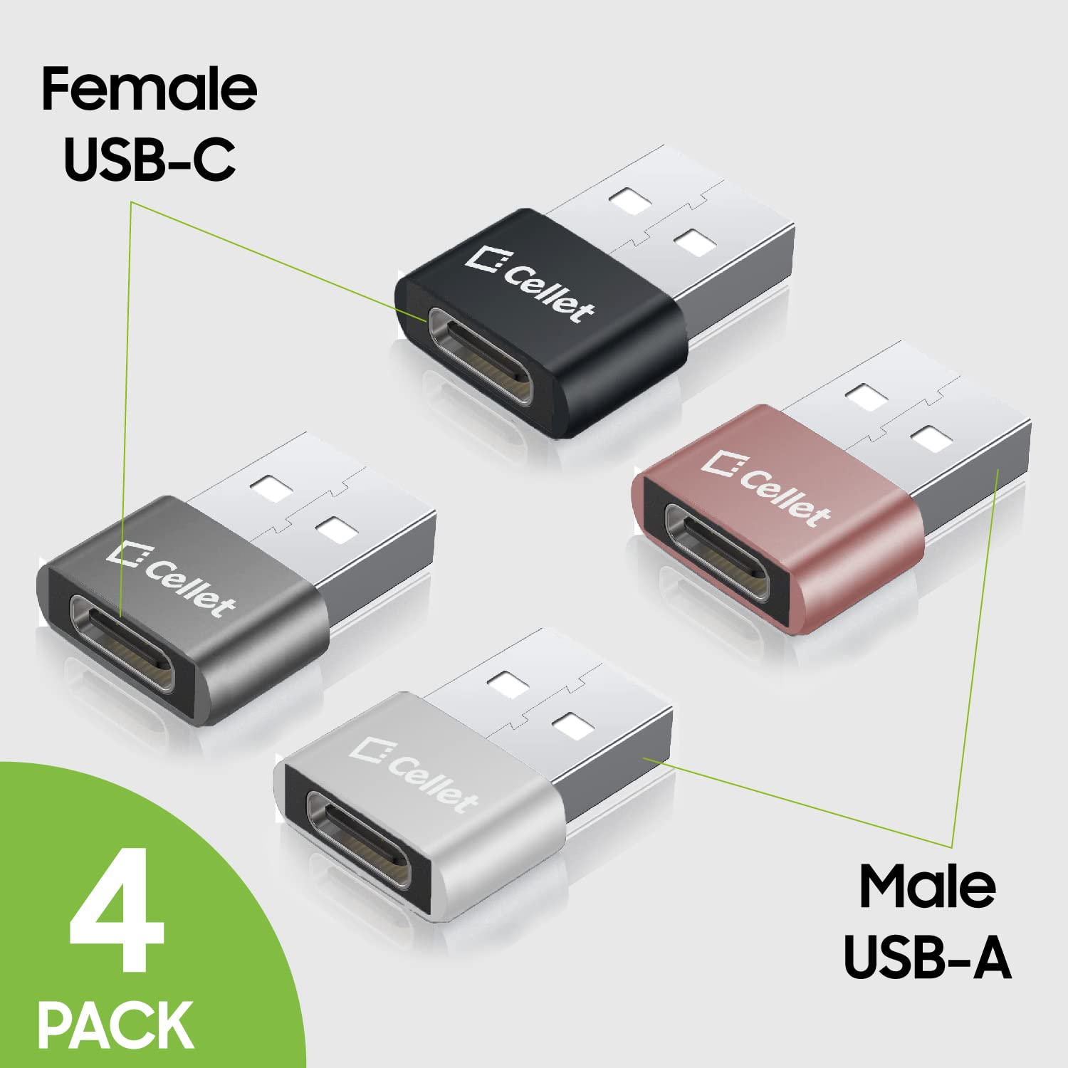 Cellet 4-Pack USB-C to USB-A Adapter - Female USB-C to Male USB-A Converter for Fast Charging & Data Sync - Compatible with MacBook, iPad, Samsung Galaxy & More - Perfect for Home, Office & Travel Use