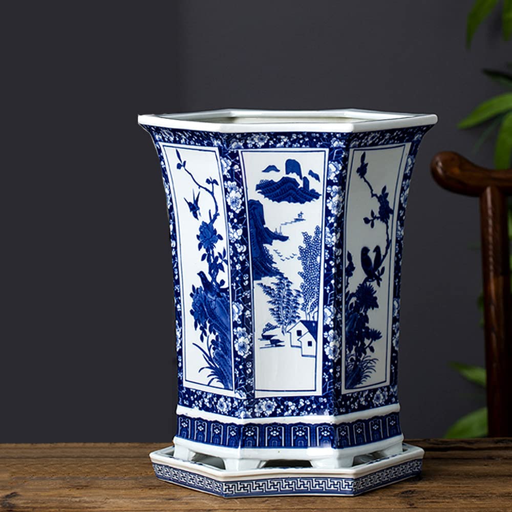 Hand-Painted Chinoiserie Blue and White Porcelain Flower Pot - Large Ceramic Planter for Indoor & Outdoor Plants | Perfect for Home, Garden, Balcony Decor