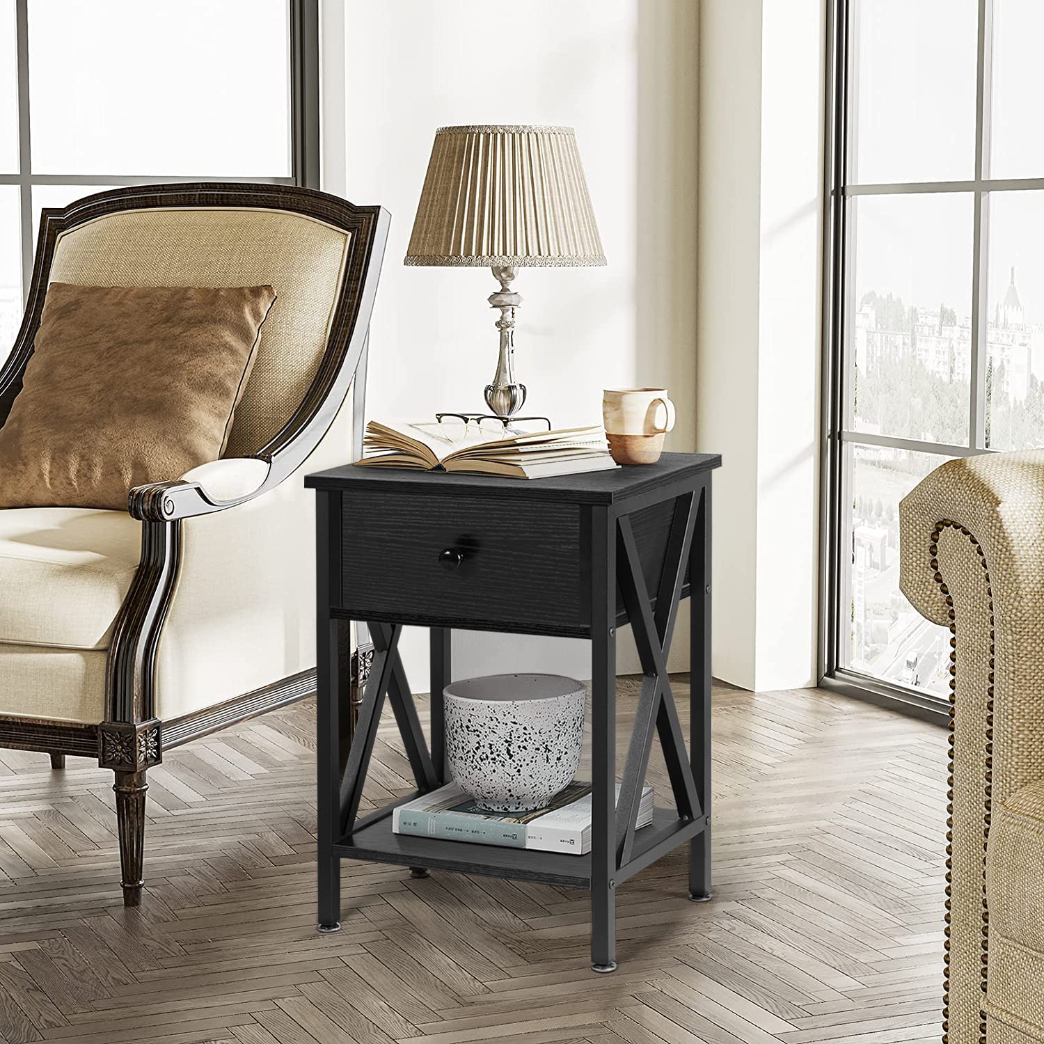 VECELO Nightstands Set of 2 - Modern Bedside Tables with Drawer & Storage Shelf, Industrial Metal Frame Night Stands for Bedroom & Living Room - Dark Black - Perfect for Small Spaces & Apartment Decor
