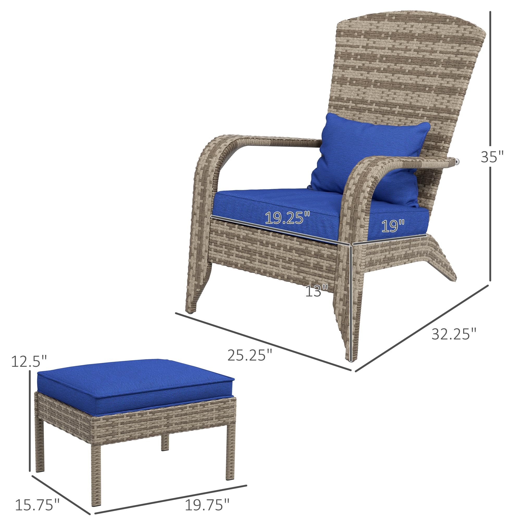 Outsunny Dark Blue Wicker Adirondack Chair with Ottoman & Cushions - High-Back Outdoor Patio Furniture with Large Seat & Armrests - Perfect for Deck, Garden, Backyard & Fire Pit Relaxation