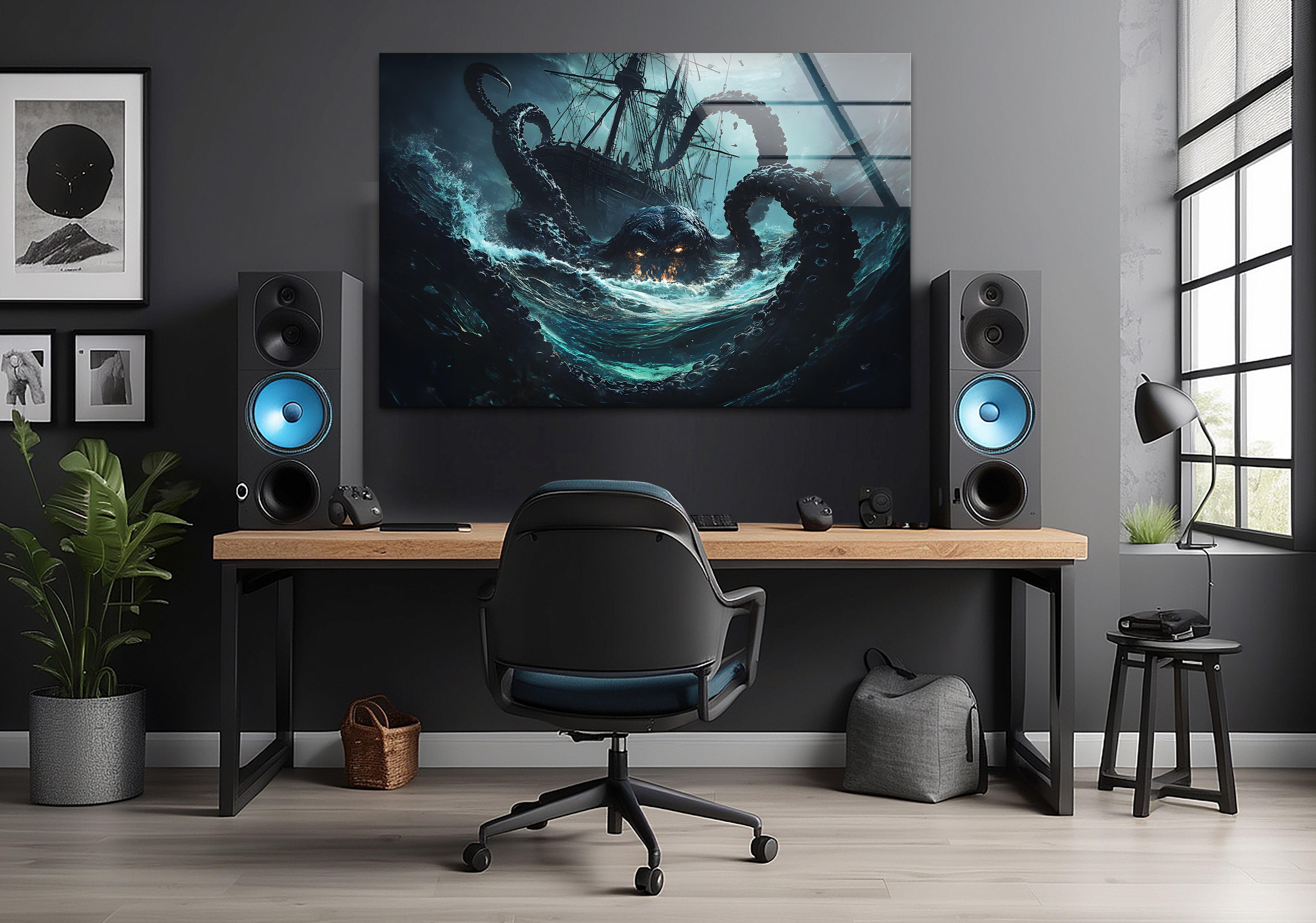 Angry Kraken & Ships Glass Wall Art - Stained Glass Window Hanging Decor for Home, Office, or Gift - Perfect for Nautical, Pirate, or Ocean Theme Rooms