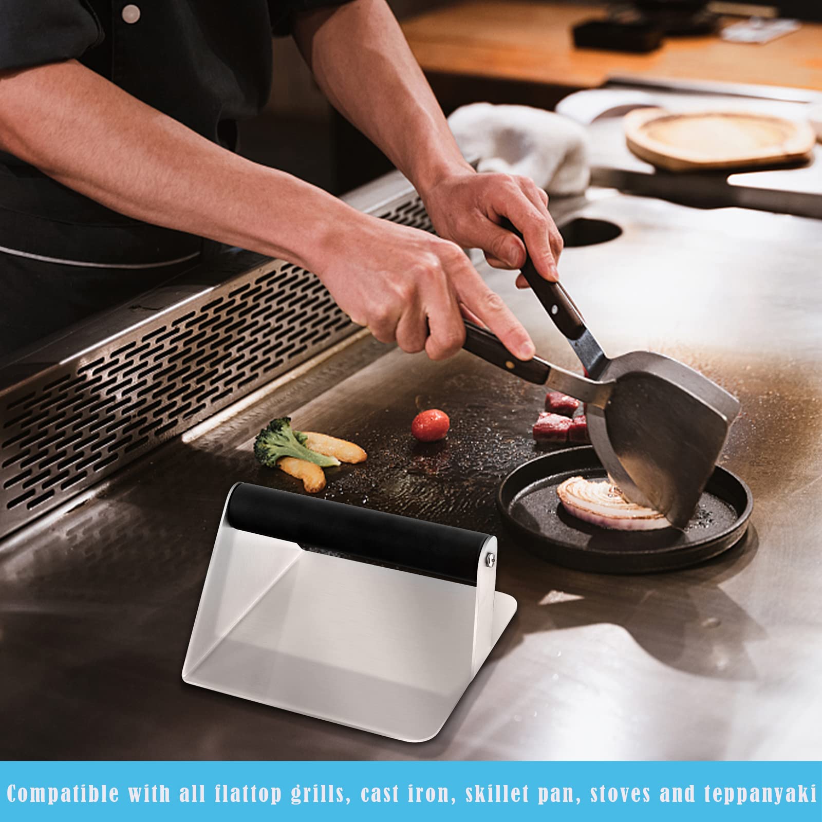 Premium Smash Burger Press - 2-Piece Stainless Steel Bacon & Hamburger Press with Heat-Resistant ABS Handle - Perfect for Flat Top Griddle, Teppanyaki, BBQ Grill, Steak & Sandwich Making - Non-Stick & Dishwasher Safe - Ideal for Home Kitchens, Restaurants & Outdoor Cooking