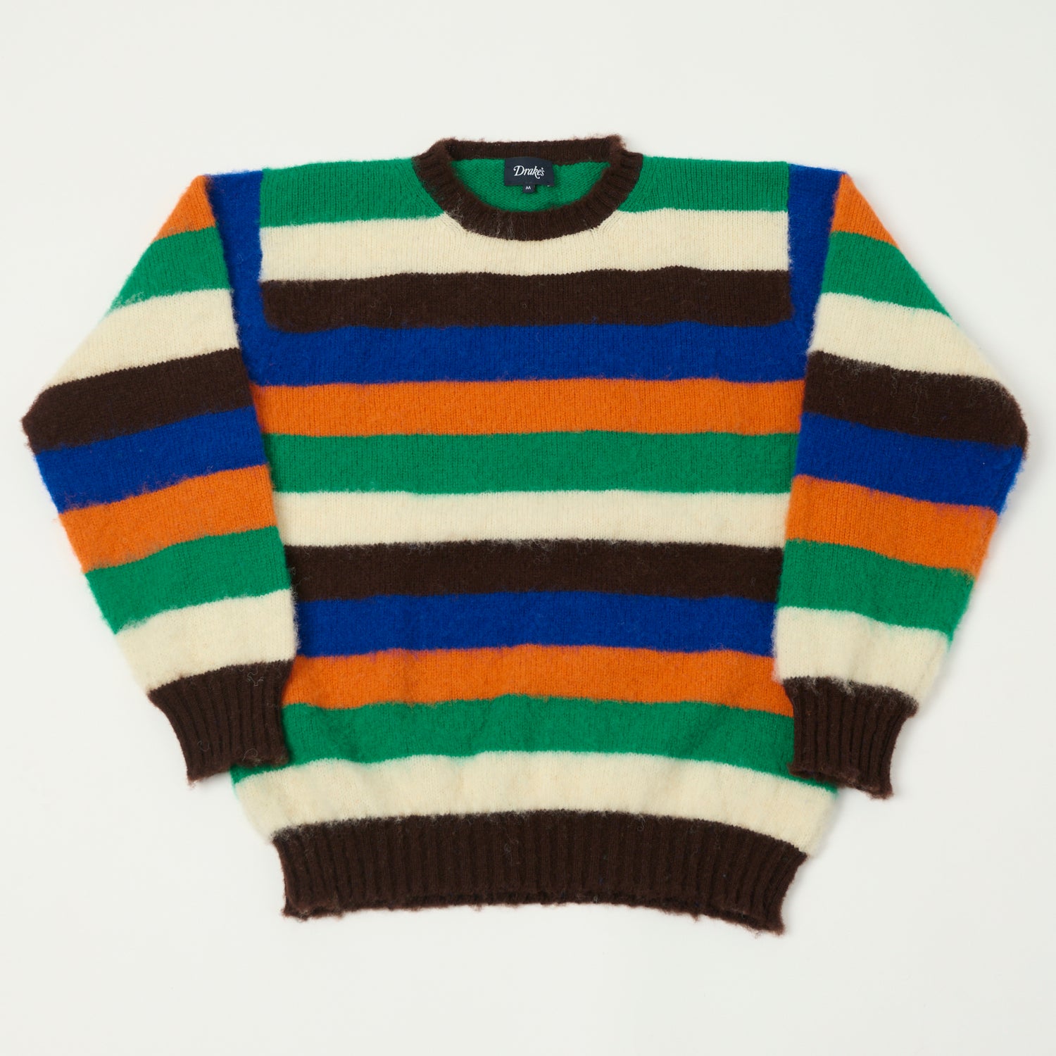 Drake's Striped Brushed Shetland Wool Crewneck Sweater - Brown, Blue & Orange Color Block - Cozy Fall & Winter Knitwear for Men