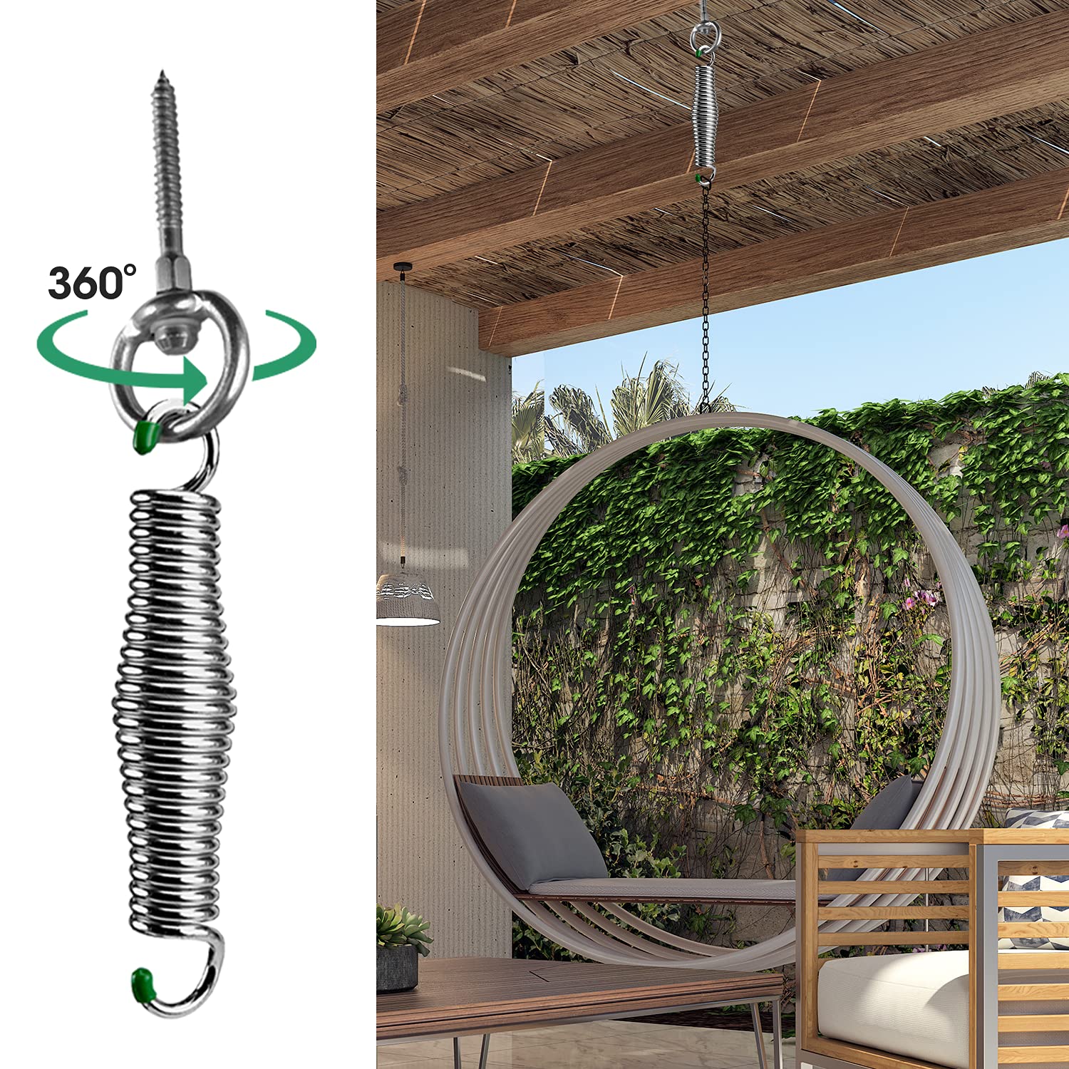 360° Swivel Hanging Chair Kit - Heavy Duty Ceiling Mount with Squeak-Free Springs for Indoor/Outdoor Use - Supports 400 lbs - Perfect for Patio, Garden, Bedroom & Relaxation Spaces