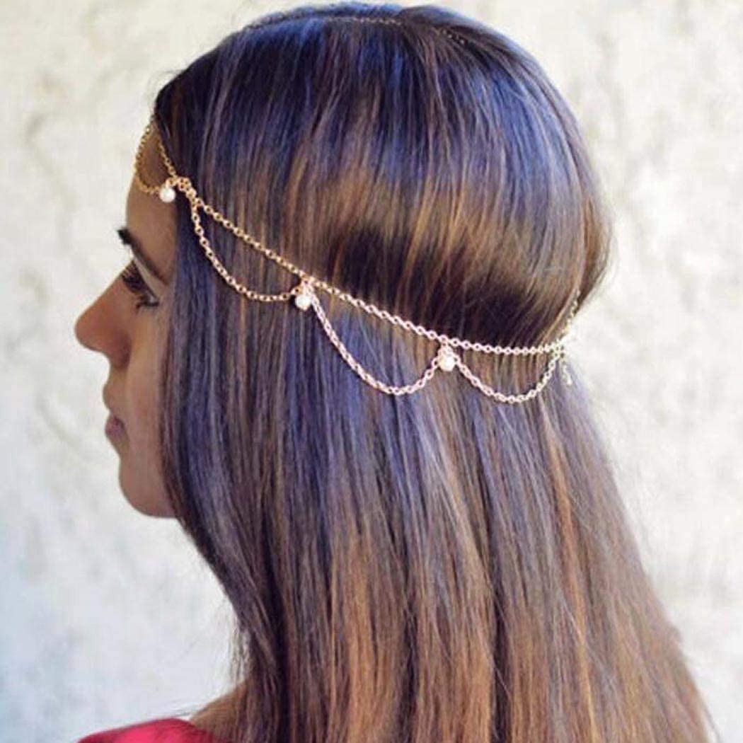 Gold Pearl Head Chain Jewelry - Boho Festival Hair Accessories for Women & Girls - Perfect for Music Festivals, Weddings & Bohemian Style Outfits