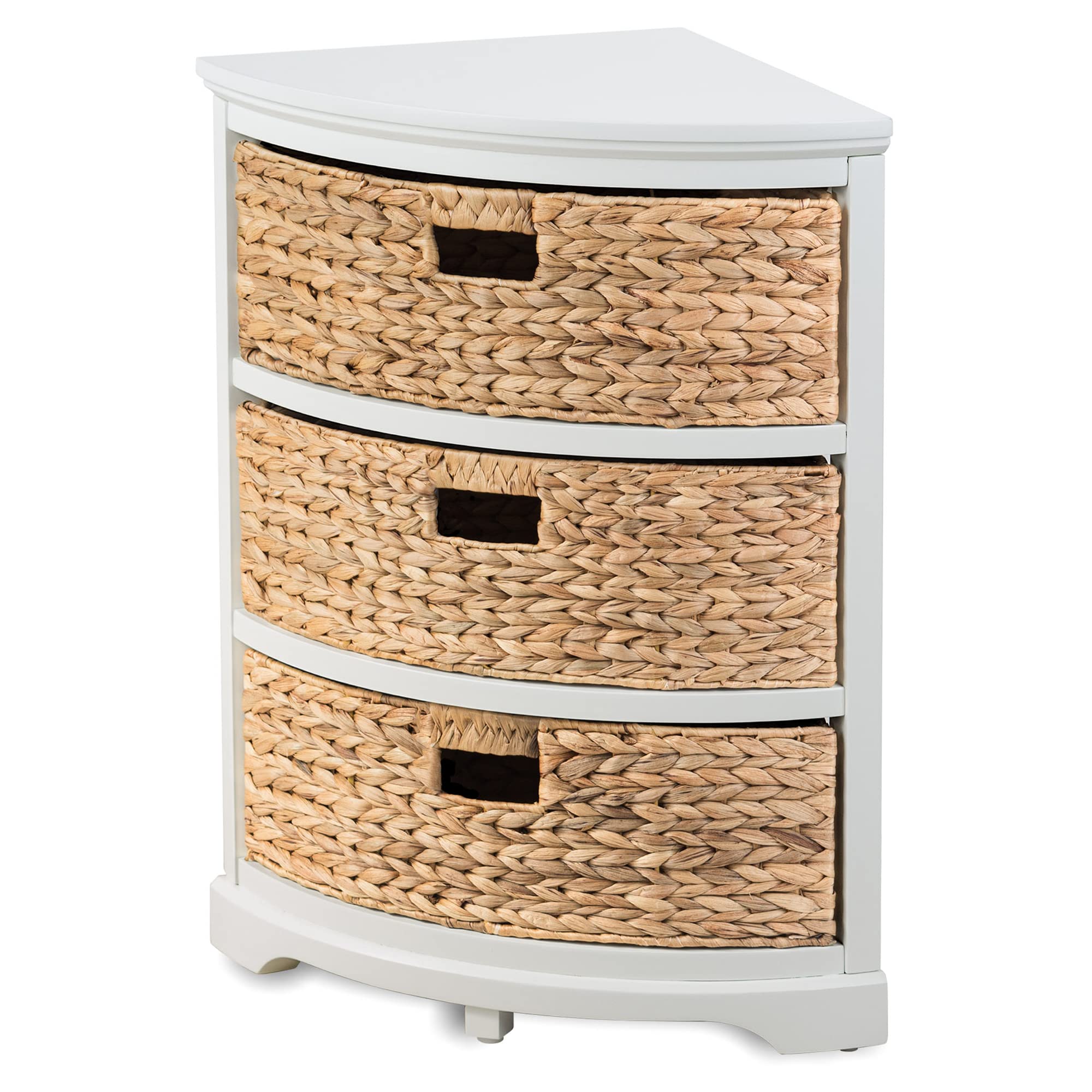 Hampton Meadows 3-Tier X-Side Corner Storage Cabinet with 3 Wicker Baskets - White | Space-Saving Organizer for Bedroom, Bathroom & Living Room | eHemco