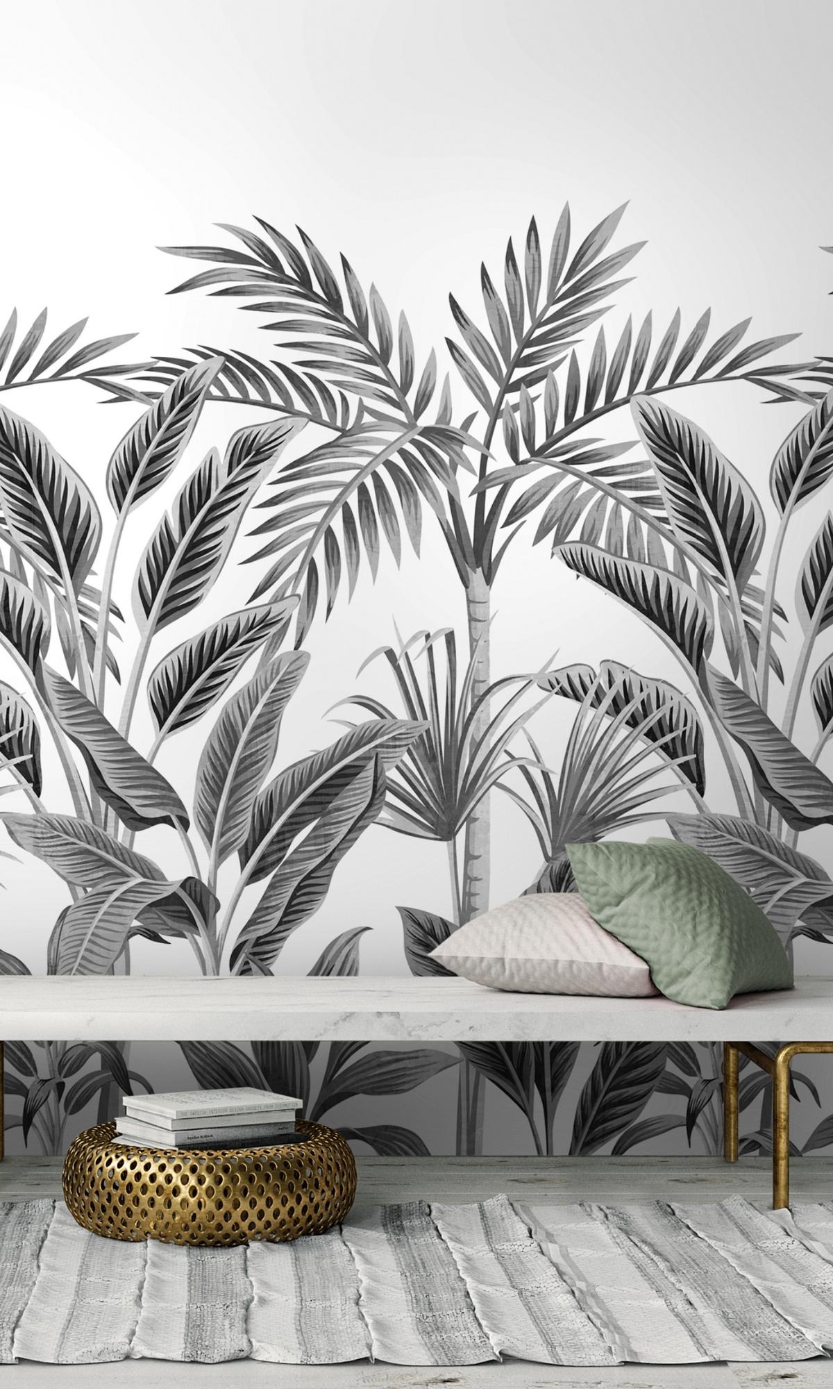 Black and White Tropical Forest Jungle Digital Wallpaper RM2021 - High Resolution Nature Background for Desktop, Phone & Home Decor