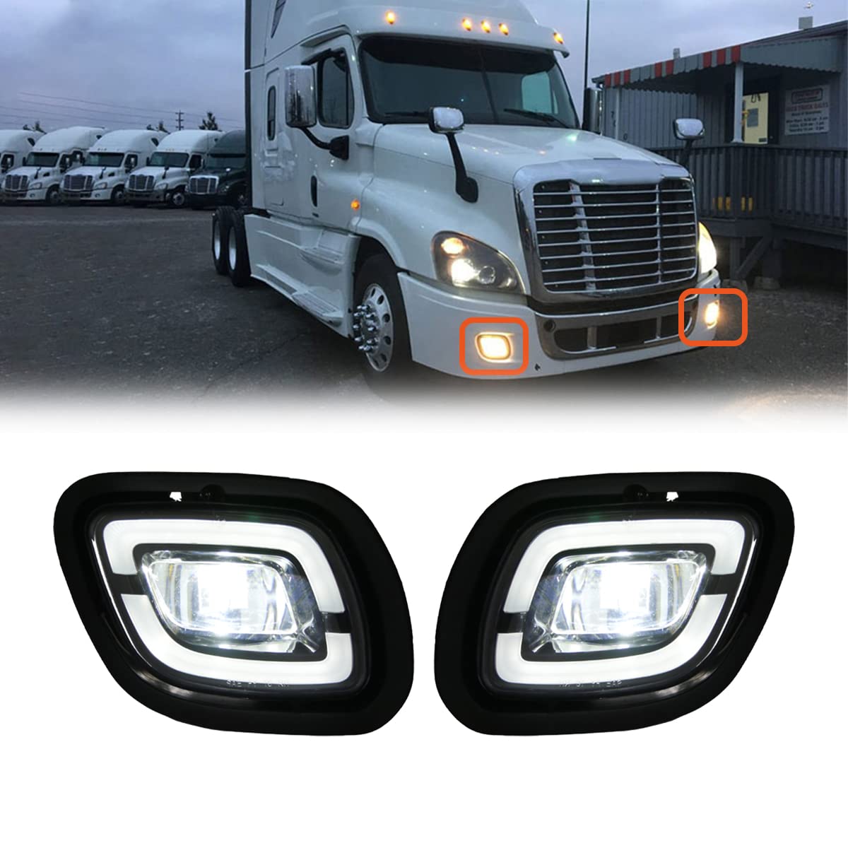 Freightliner Cascadia (2008-2017) LED Fog Lights - Waterproof Front Lamp Assembly with Bulbs for Driver & Passenger Sides (White, Pair) - Perfect for Night Driving & Heavy Rain Conditions