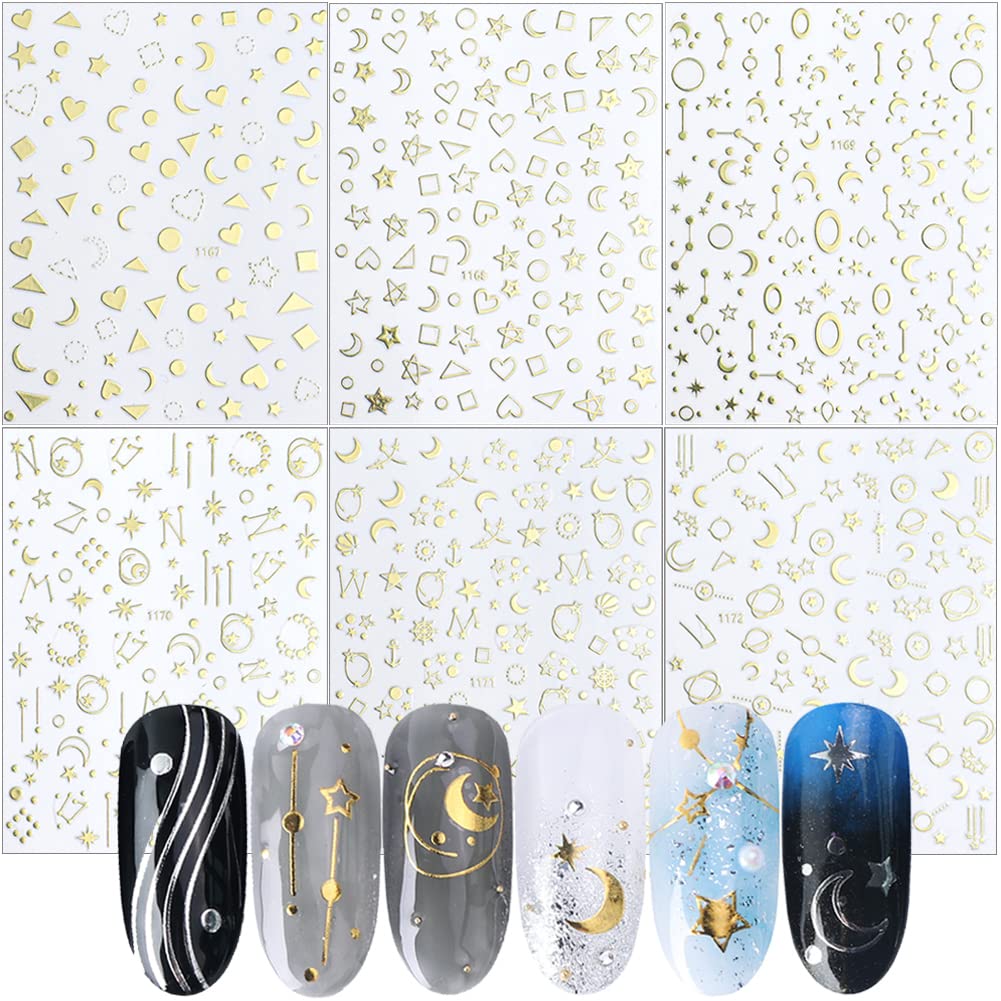 12 Sheets Gold Nail Art Stickers - 3D Self-Adhesive Metallic Stars & Moon Glitter Decals for Women, Girls Manicure - DIY Nail Supplies for Salon, Party, Wedding & Home Nail Art Design