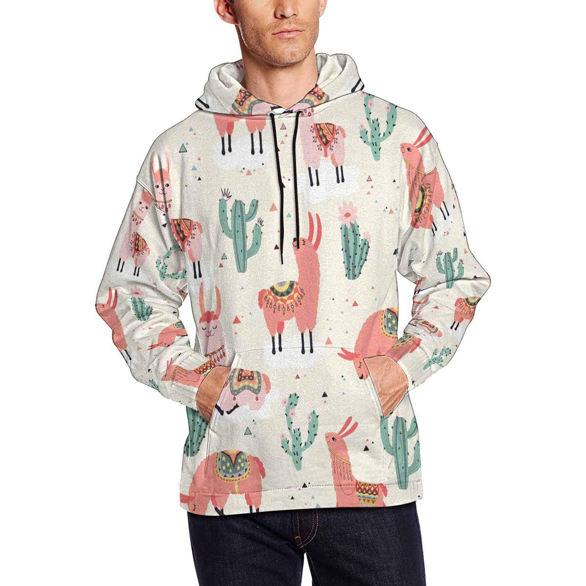 Happy Llama with Flowers & Cactus Print Men's Long Sleeve Hoodie - Soft Pullover Sweatshirt for Casual Wear, Outdoor Activities & Gifts