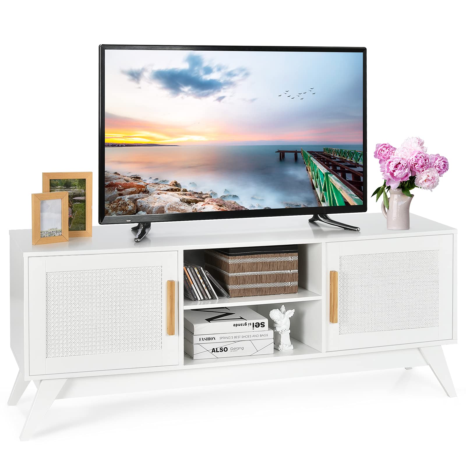 Tangkula 65 Inch Rattan TV Stand with 3-Tier Adjustable Shelves & 2 Woven Cabinets - Modern Media Console with Cable Management for Living Room, Bedroom - Perfect for Home Entertainment & Storage Solutions
