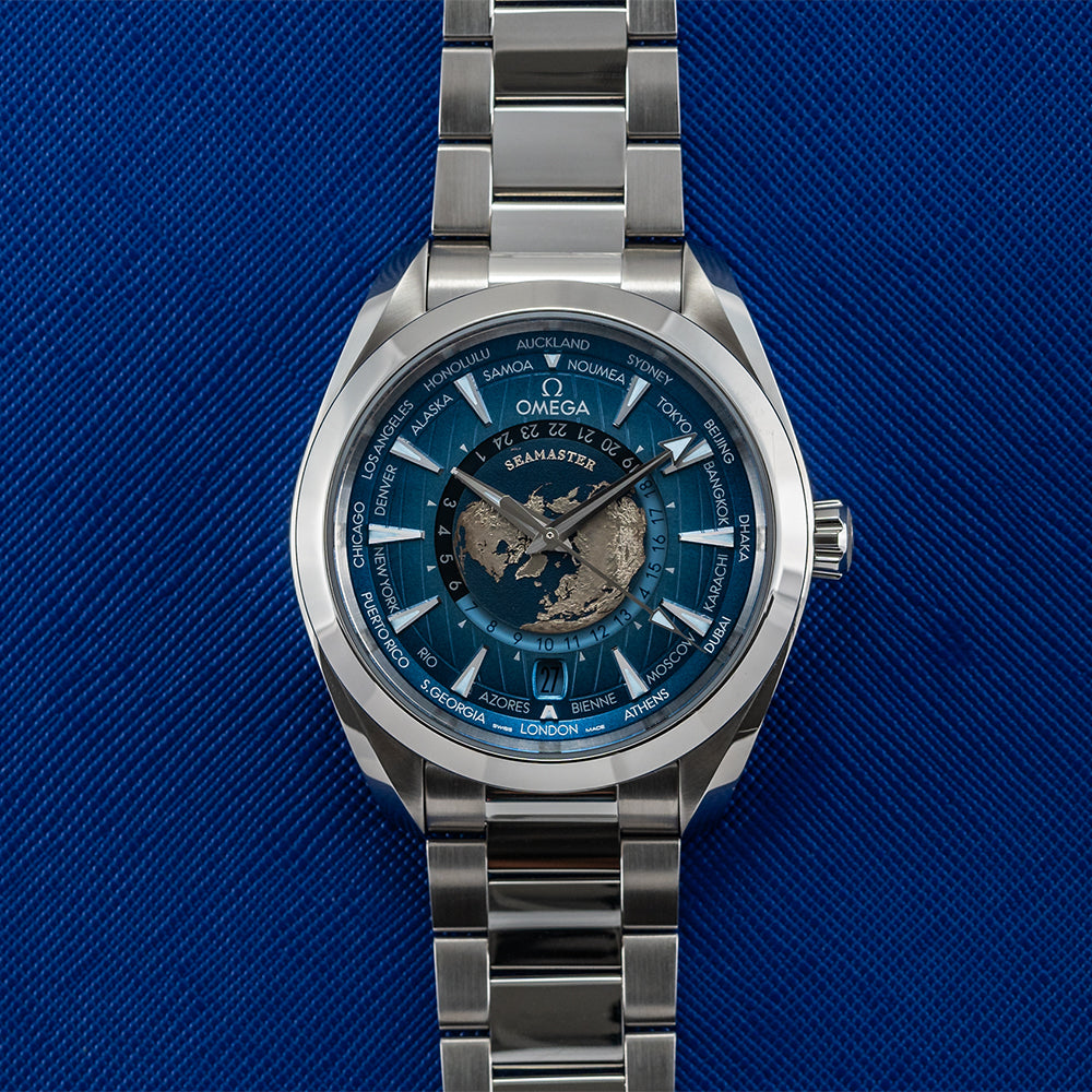 Omega Seamaster Aqua Terra 150M Co-Axial Master Chronometer GMT Worldtimer Watch - 43mm Blue Dial Stainless Steel Bracelet | Luxury Dive Watch for Men, Travel & Business