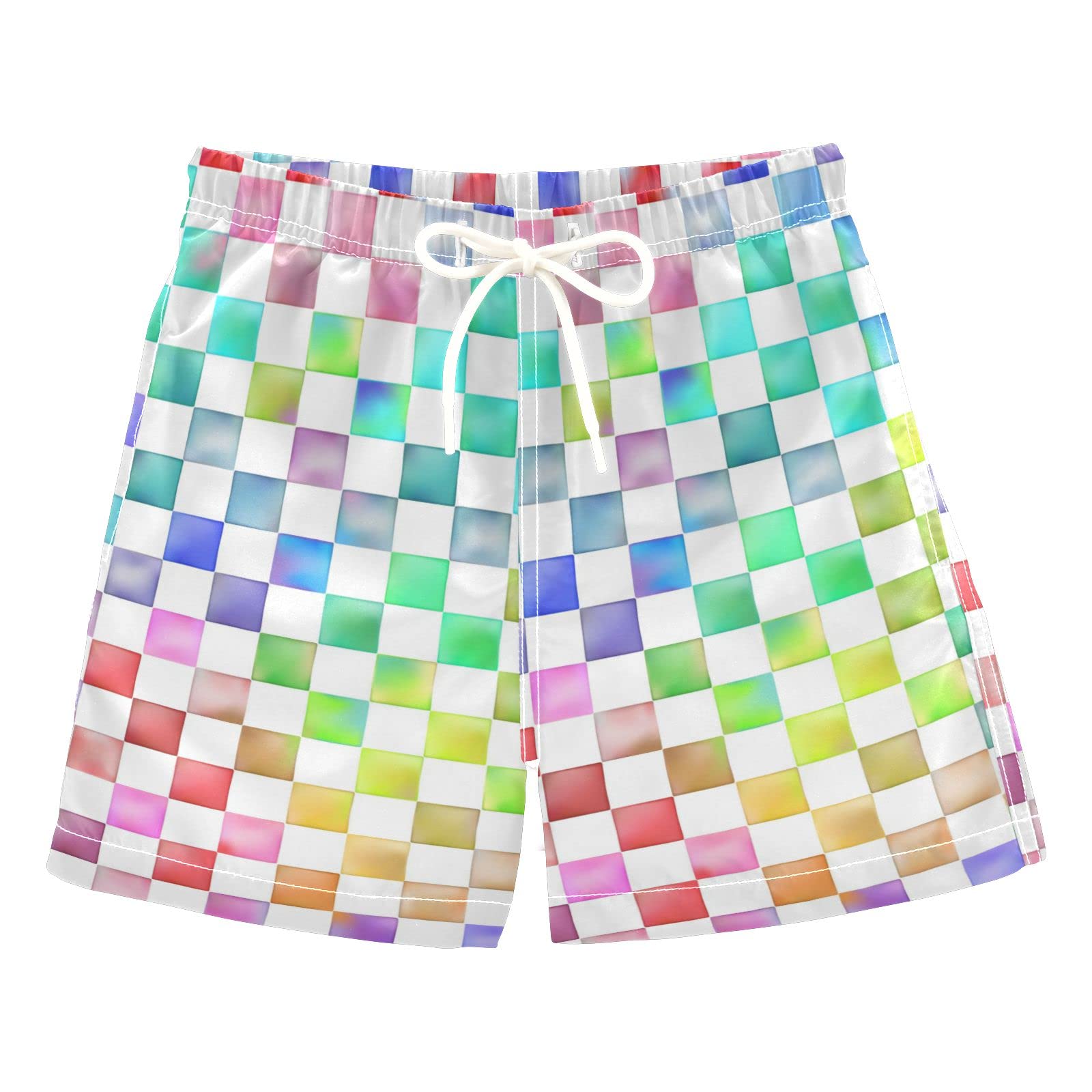Vibrant Rainbow Checker Boys Swim Trunks - Quick Dry Toddler Swimwear for Beach, Pool & Summer Water Play (2T) - Cute Baby Bathing Suits with Board Shorts Design