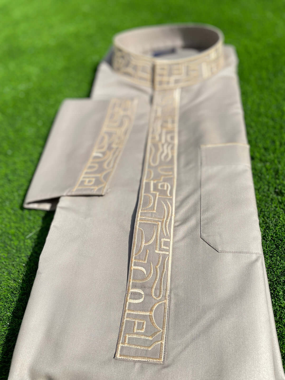 Premium Men's Silvered Sage Saudi Thobe with Gold Embroidery - Traditional Arabic Robe for Eid, Wedding & Special Occasions