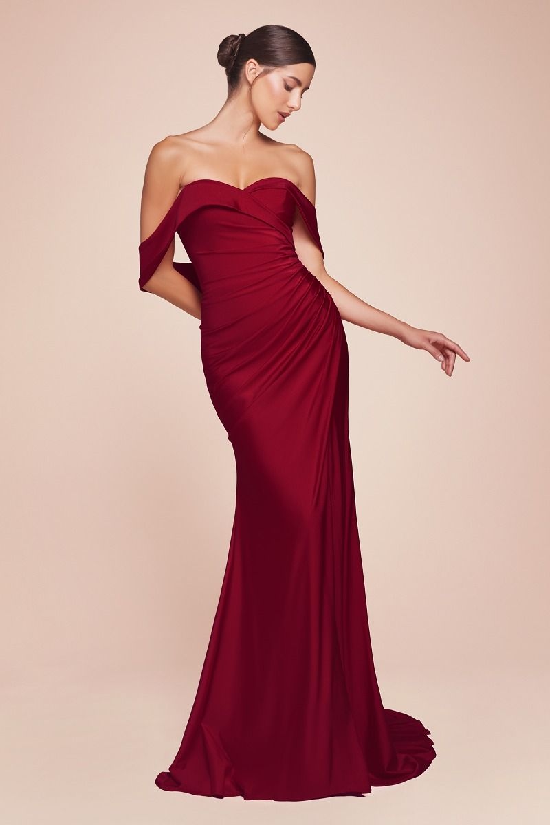 Freya Off Shoulder Stretch Spandex Dress - Burgundy Red Evening Gown for Women, Perfect for Cocktail Parties, Date Nights & Formal Events