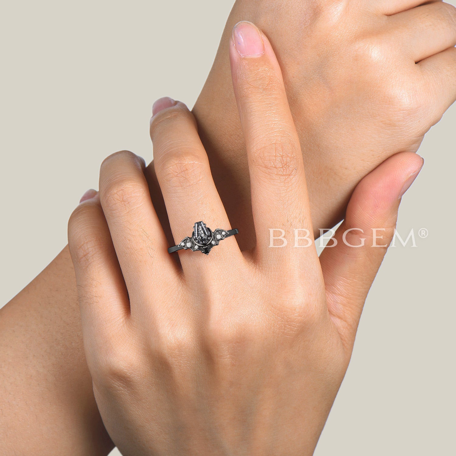 Gothic Bat Wedding Ring - Retro Coffin Cut Natural Black Rutilated Quartz Jewelry for Goth Couples, Dark Romance & Alternative Engagement Rings