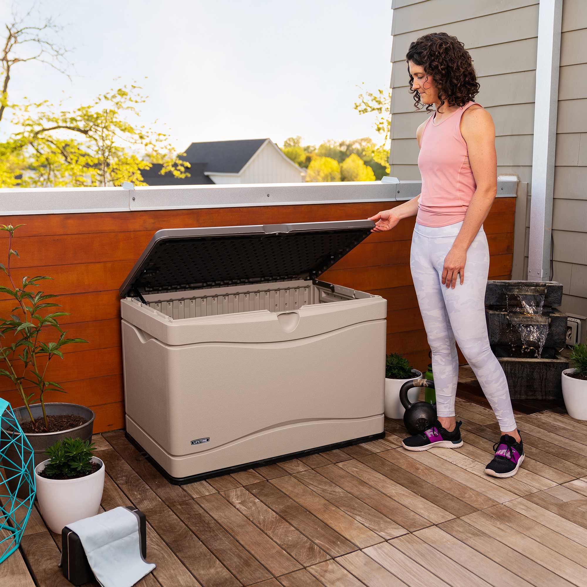 Lifetime 60103 80 Gallon Deck Storage Box - Outdoor Weatherproof Storage for Patio Furniture Cushions, Pool Toys & Garden Tools - Desert Sand/Brown