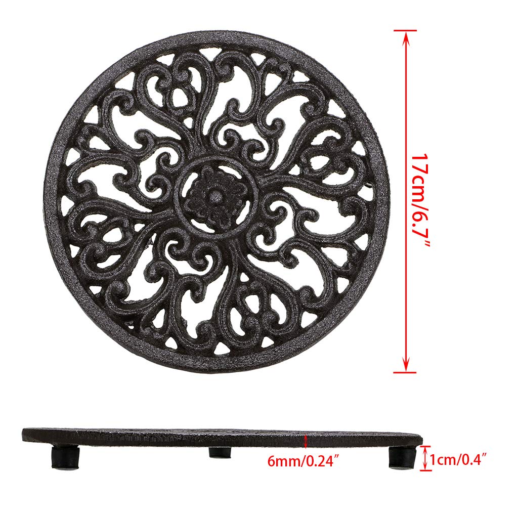 Sumnacon 2-Pack 6.7 Inch Round Cast Iron Trivets - Heat Resistant Hot Plate Holders for Pots, Pans, Dishes & Teapots - Rustic Kitchen Countertop Protectors for Dining Table, Stovetop & Cooktop Use