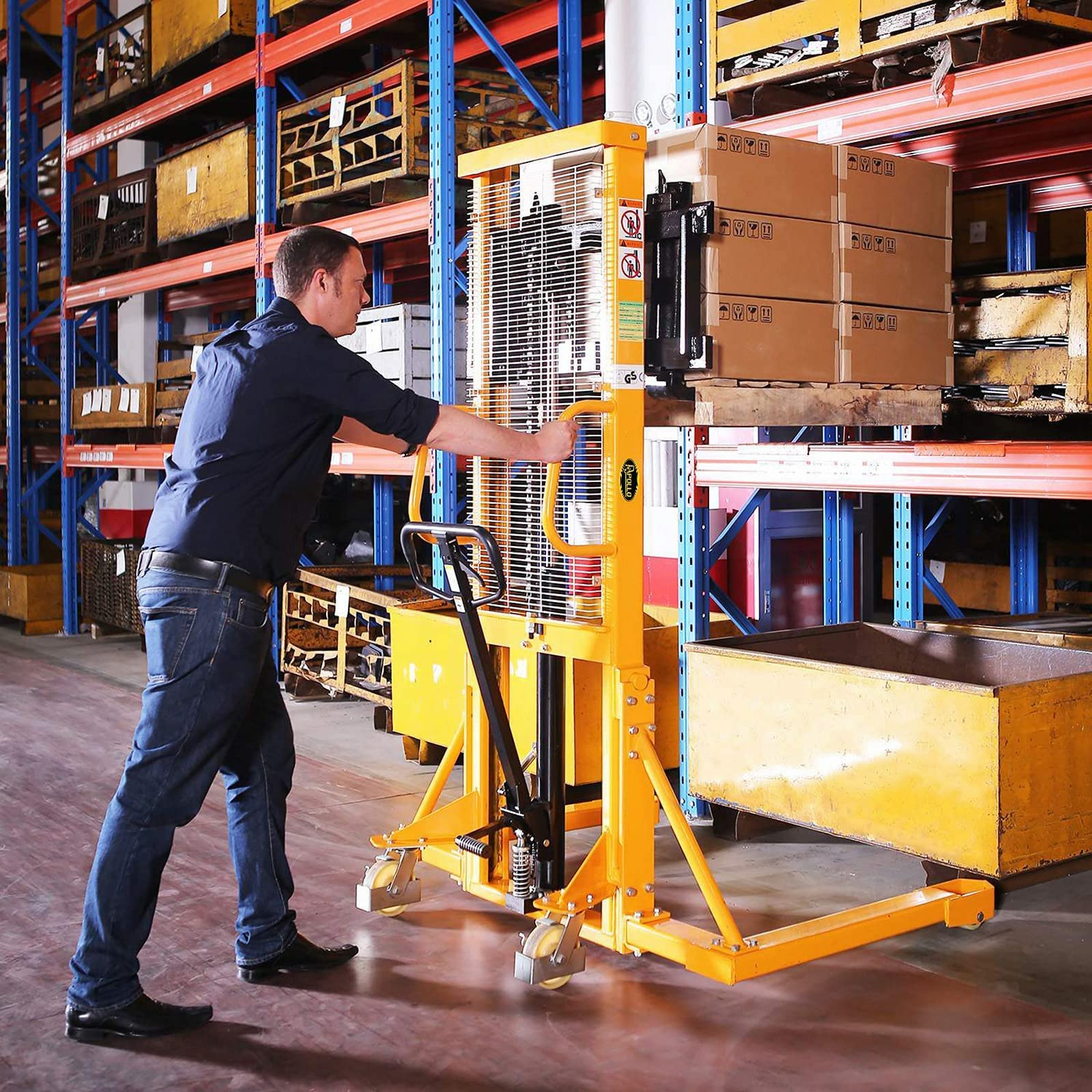 APOLLOLIFT 2-Piece Manual Pallet Stacker with Straddle Legs - 1100lbs Capacity, 63inch Max Lifting Height, Adjustable Forks - Ideal for Warehouse, Factory & Loading Dock Operations