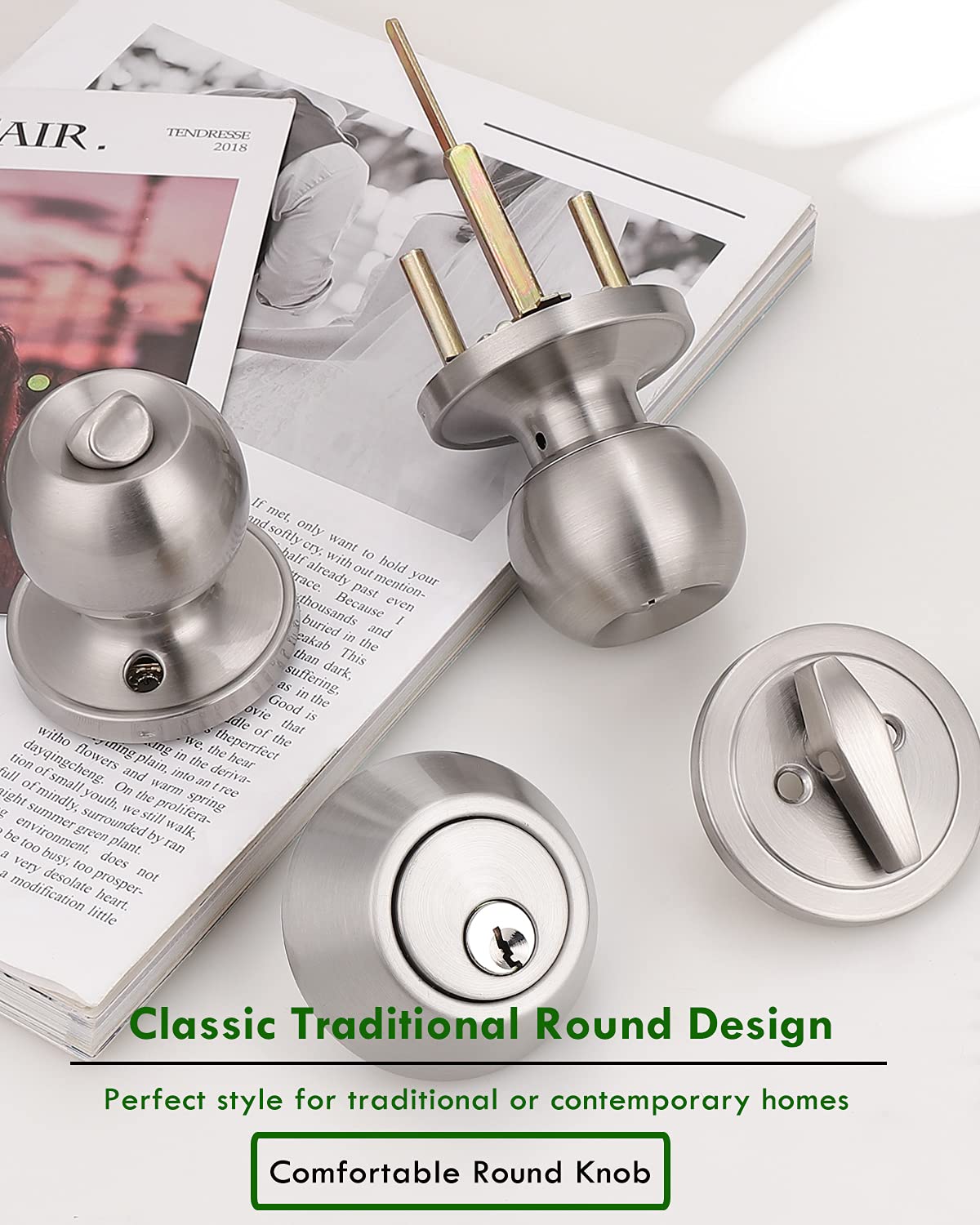 2 Pack Keyed Alike Door Knob & Deadbolt Set - Satin Nickel Finish for Home Security