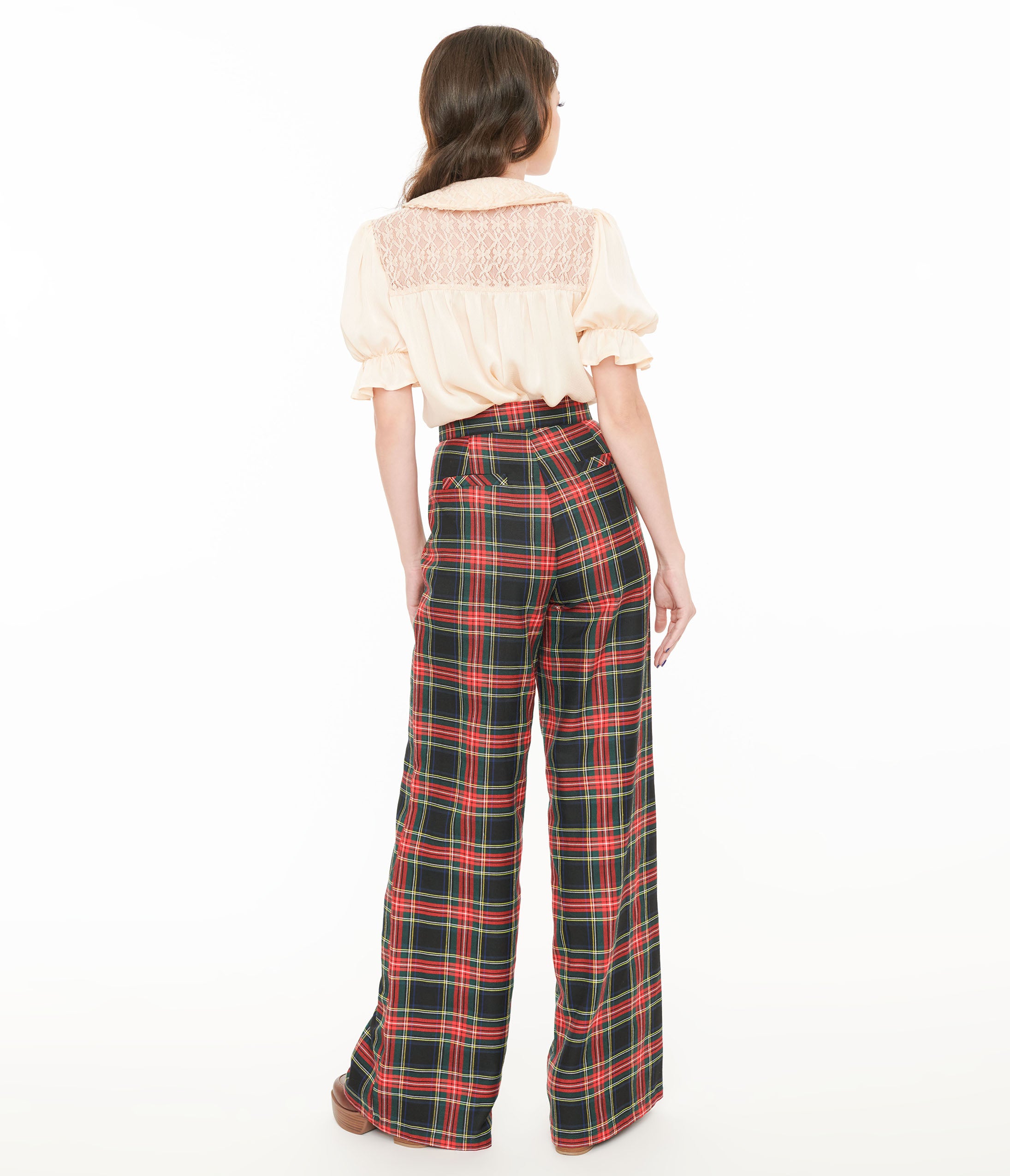 Smak Parlour 1960s Vintage Black & Red Plaid Wide Leg Pants - Retro High Waisted Trousers for Women | Perfect for 60s Theme Parties, Cosplay & Boho Fashion Outfits