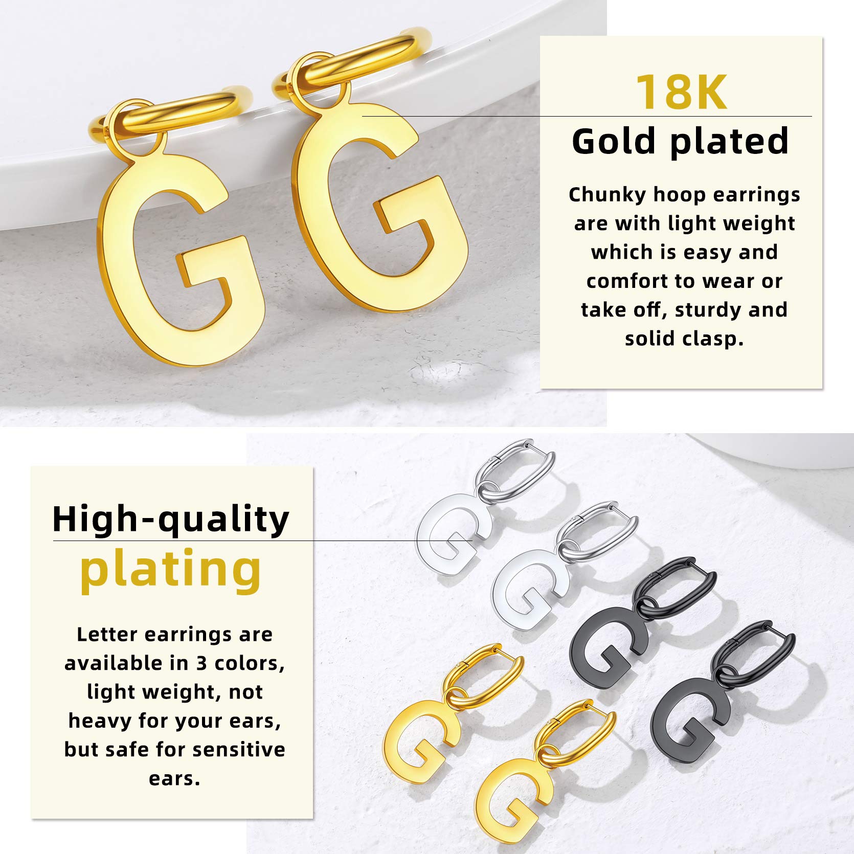 GoldChic Women's Stainless Steel Initial Letter U-Shape Hoop Drop Earrings - Personalized Alphabet Statement Jewelry for Everyday Wear & Special Occasions