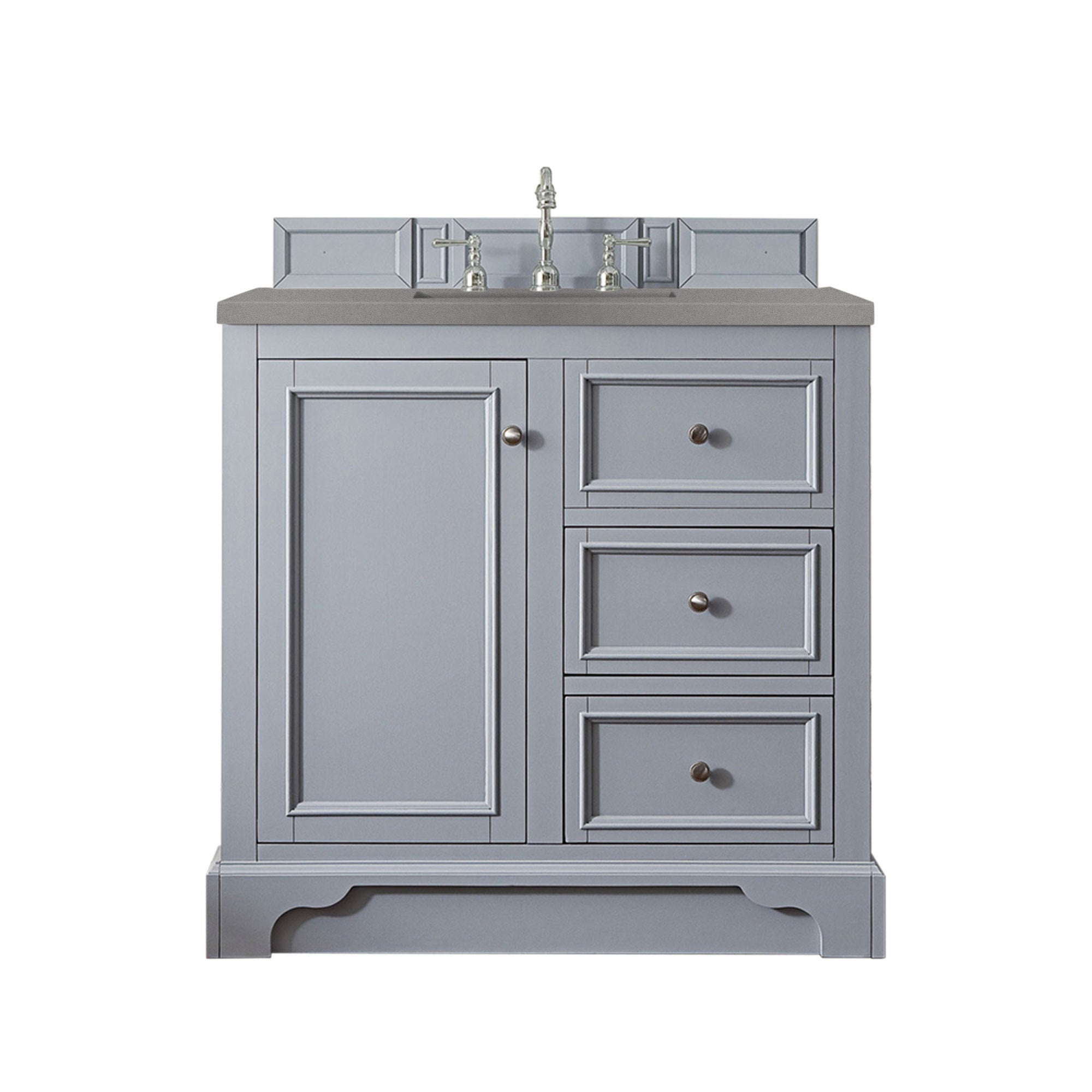 De Soto 36 Inch Single Bathroom Vanity with 3CM Grey Expo Quartz Top in Silver Gray - Perfect for Modern Bathroom Renovations and Small Space Designs
